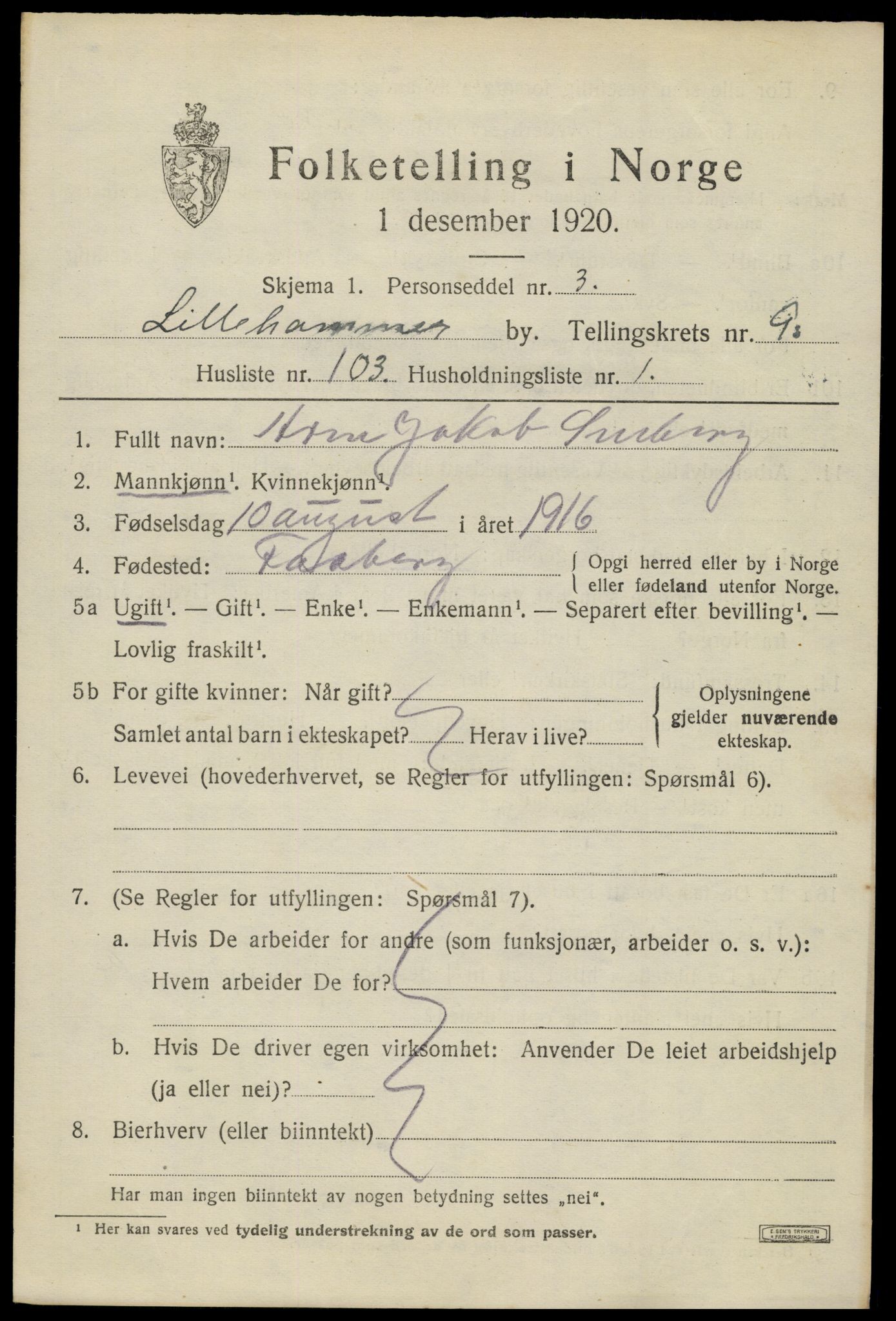 SAH, Folketelling 1920 for 0501 Lillehammer kjøpstad, 1920, s. 13312