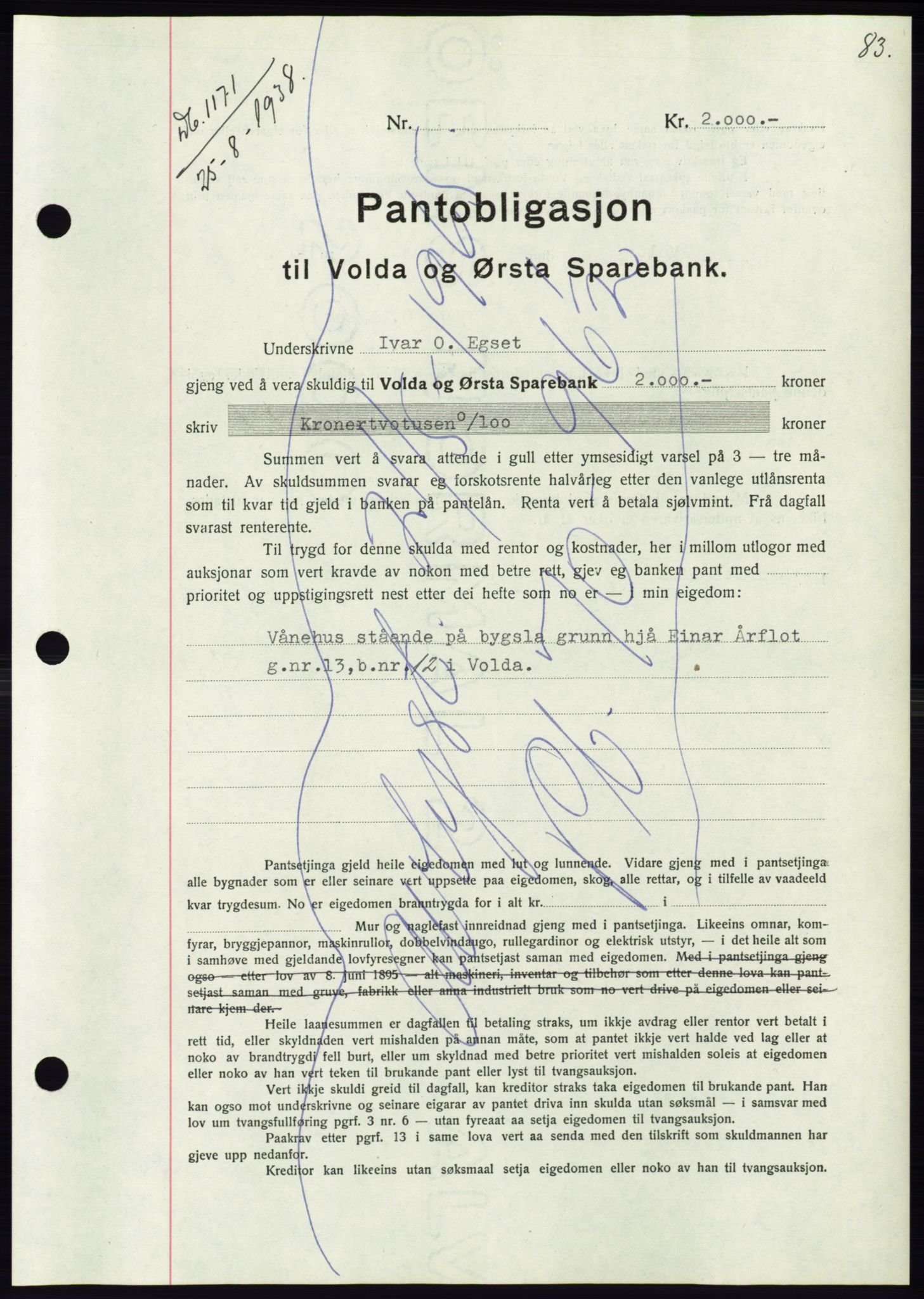 Søre Sunnmøre sorenskriveri, AV/SAT-A-4122/1/2/2C/L0066: Pantebok nr. 60, 1938-1938, Dagboknr: 1171/1938