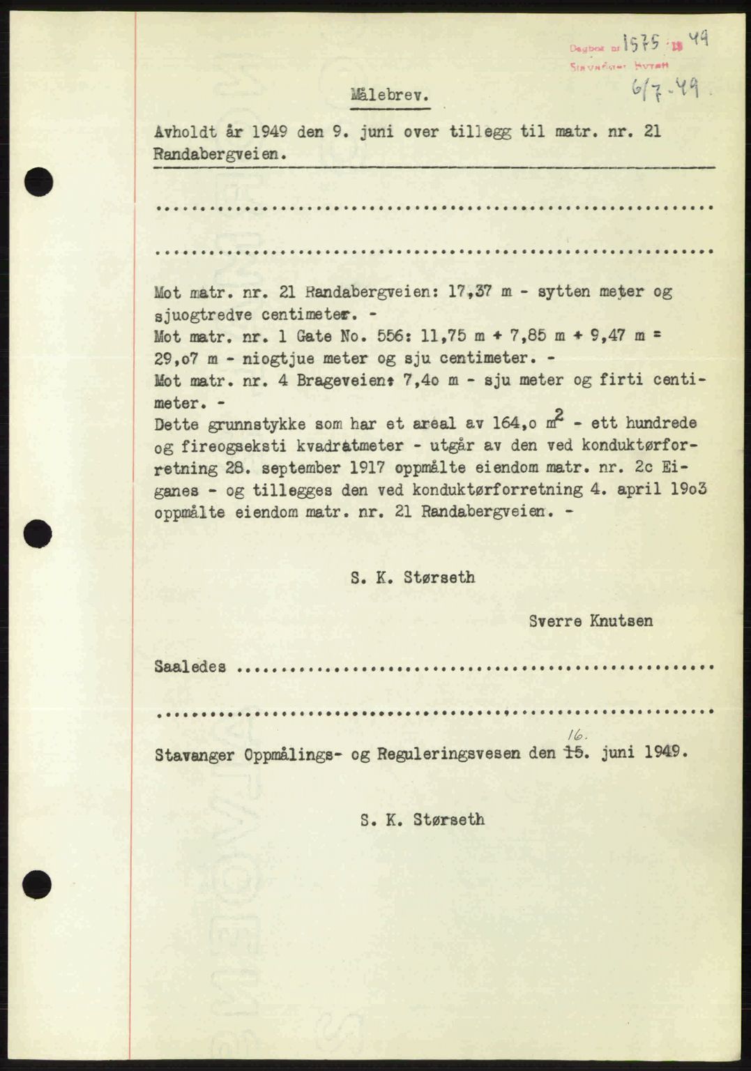 Stavanger byrett, SAST/A-100455/002/G/Gb/L0023: Pantebok nr. A12, 1948-1949, Dagboknr: 1575/1949