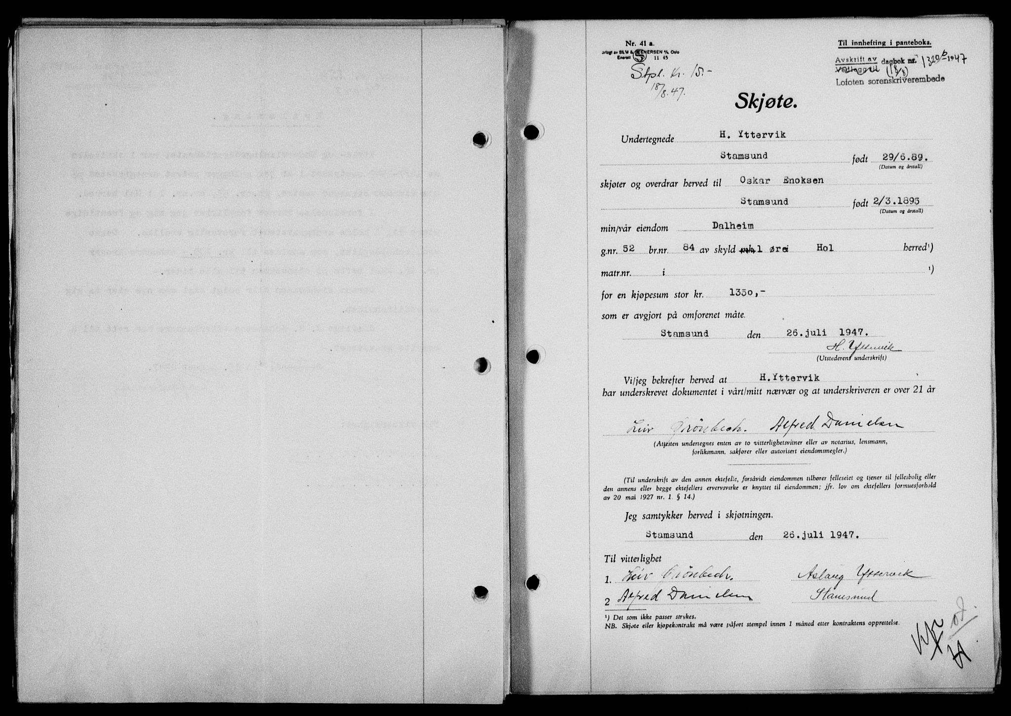 Lofoten sorenskriveri, SAT/A-0017/1/2/2C/L0016a: Pantebok nr. 16a, 1947-1947, Dagboknr: 1320/1947