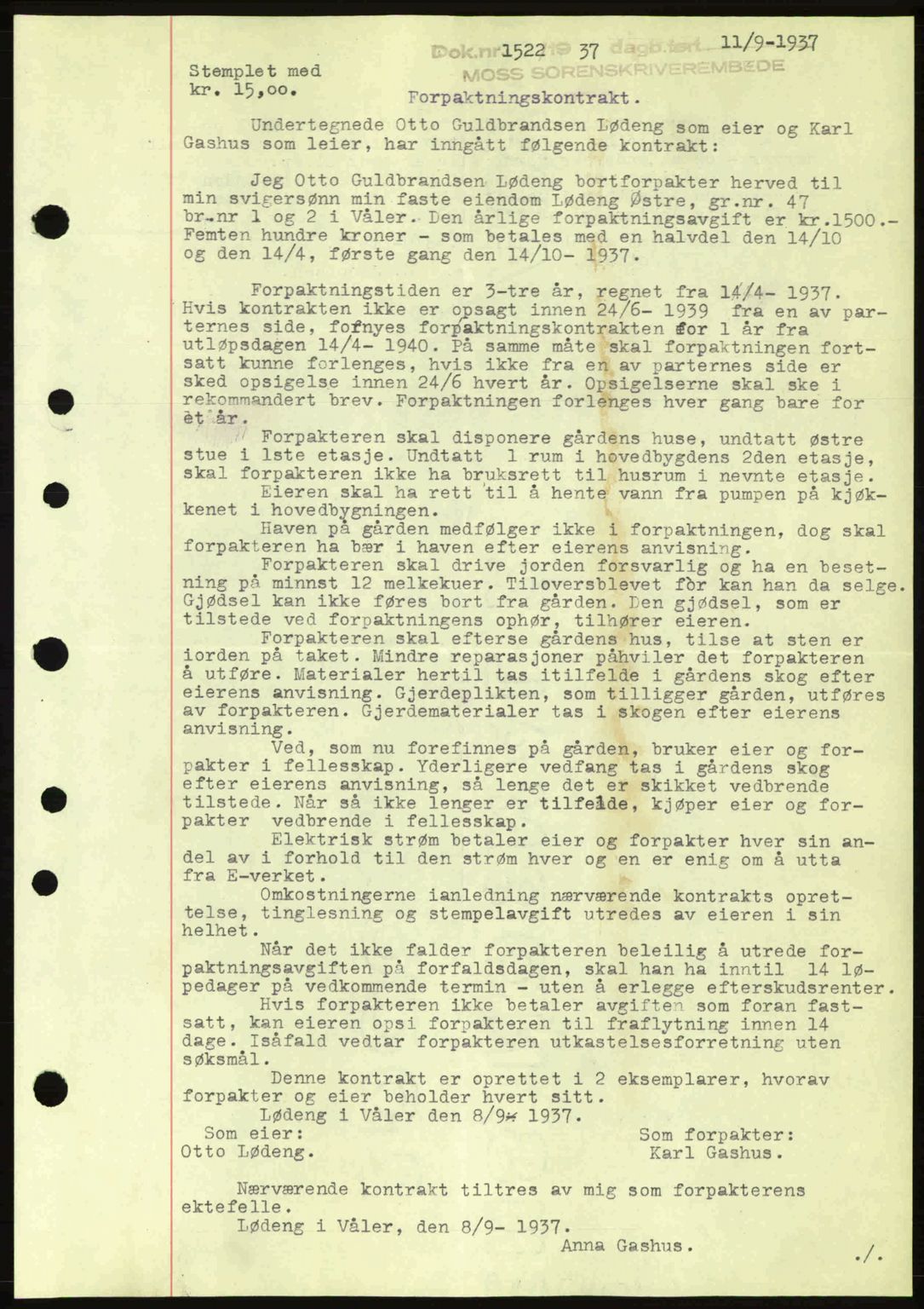 Moss sorenskriveri, SAO/A-10168: Pantebok nr. A3, 1937-1938, Dagboknr: 1522/1937