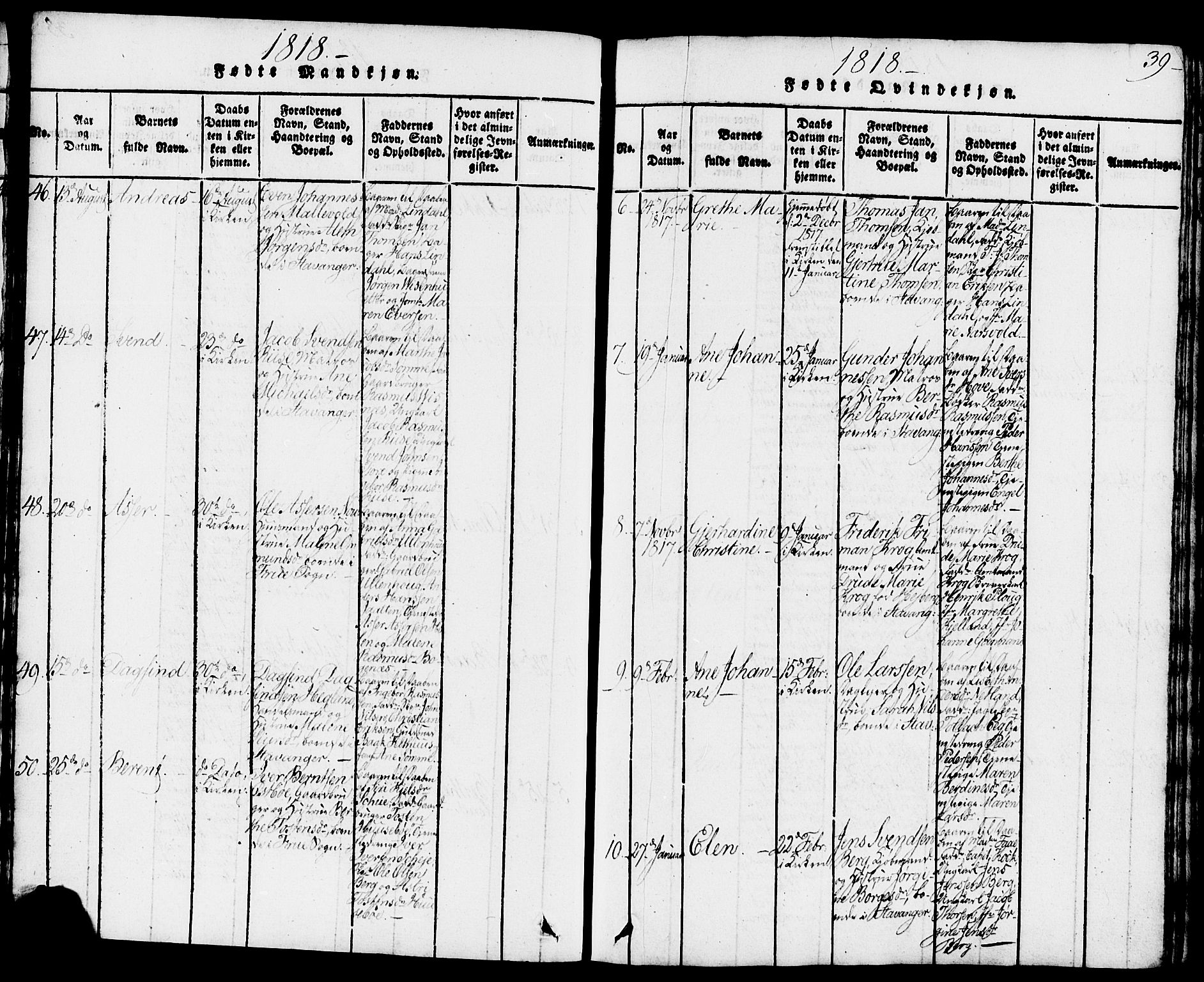 Domkirken sokneprestkontor, AV/SAST-A-101812/001/30/30BB/L0008: Klokkerbok nr. B 8, 1816-1821, s. 39