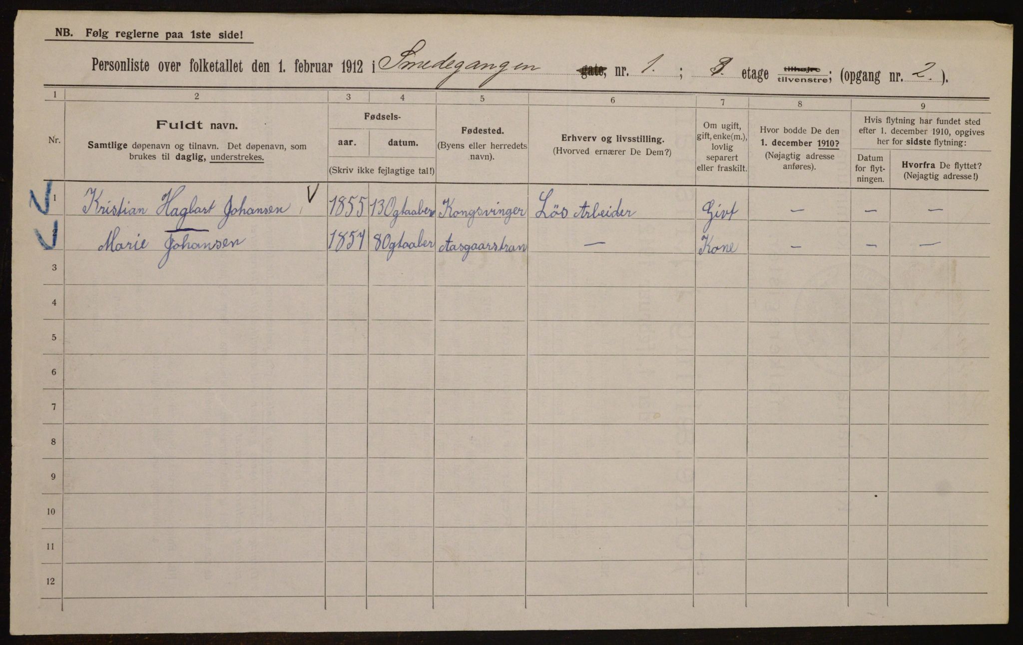 OBA, Kommunal folketelling 1.2.1912 for Kristiania, 1912, s. 97396