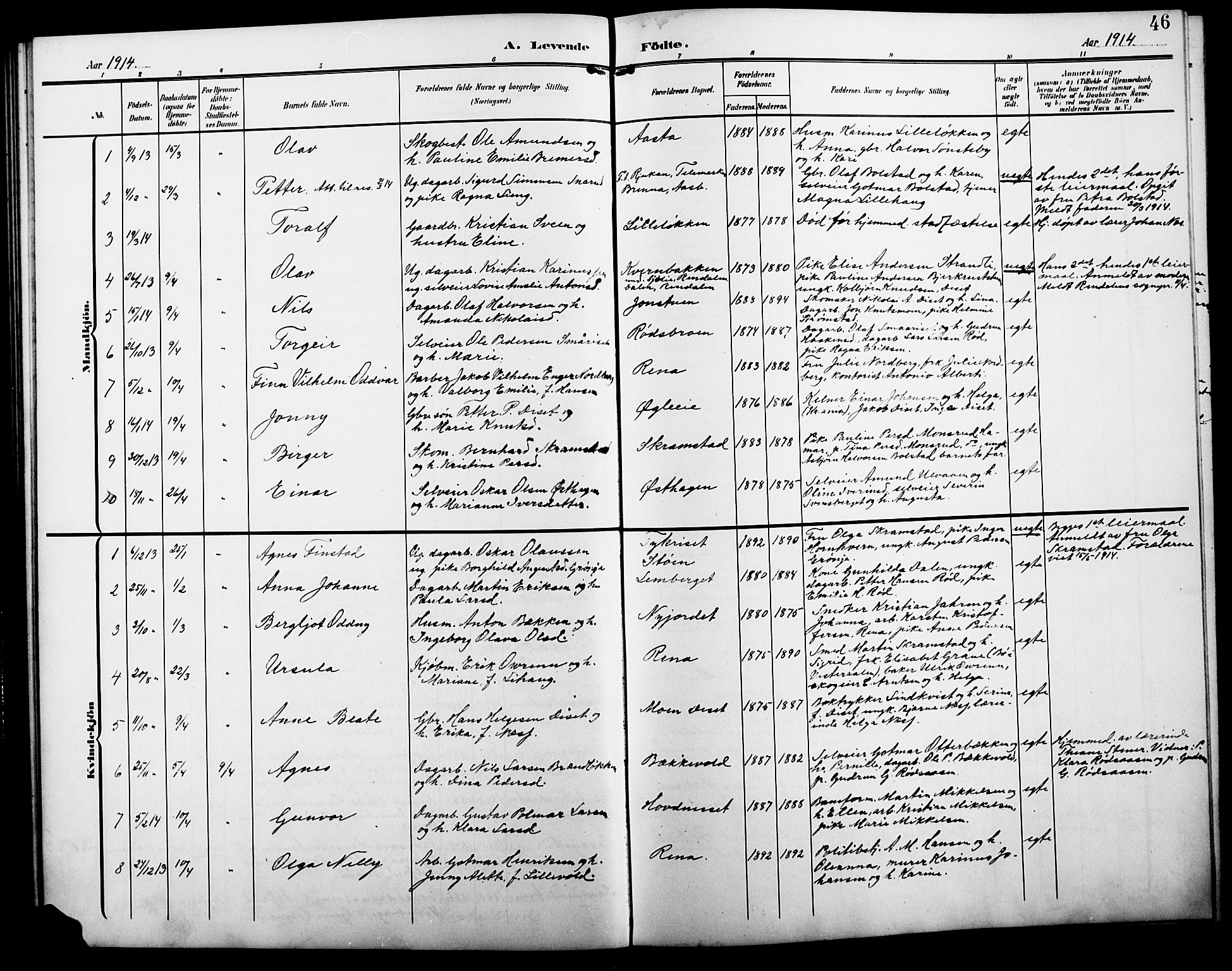 Åmot prestekontor, Hedmark, AV/SAH-PREST-056/H/Ha/Hab/L0004: Klokkerbok nr. 4, 1905-1920, s. 46