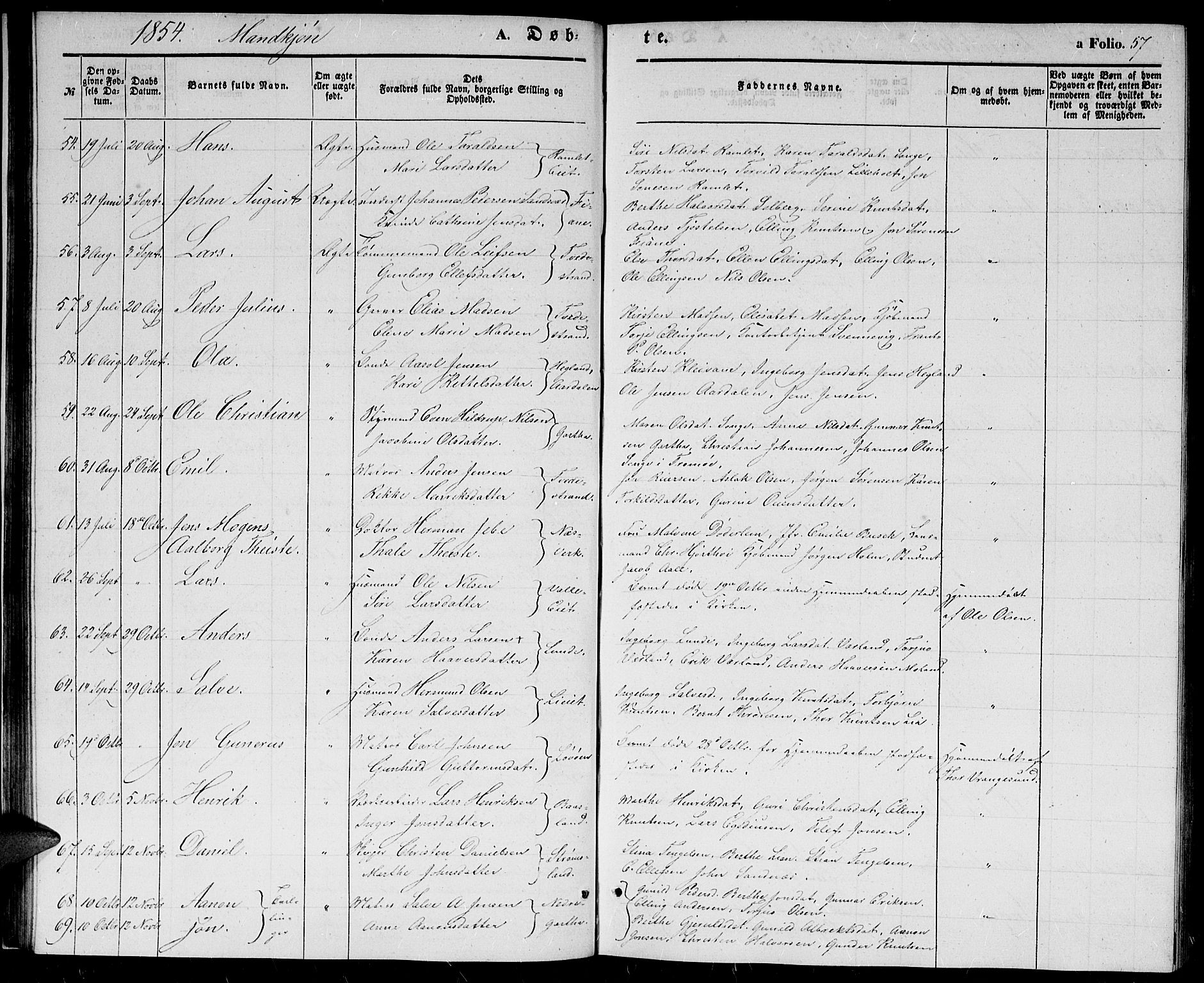 Holt sokneprestkontor, AV/SAK-1111-0021/F/Fb/L0007: Klokkerbok nr. B 7, 1849-1858, s. 57