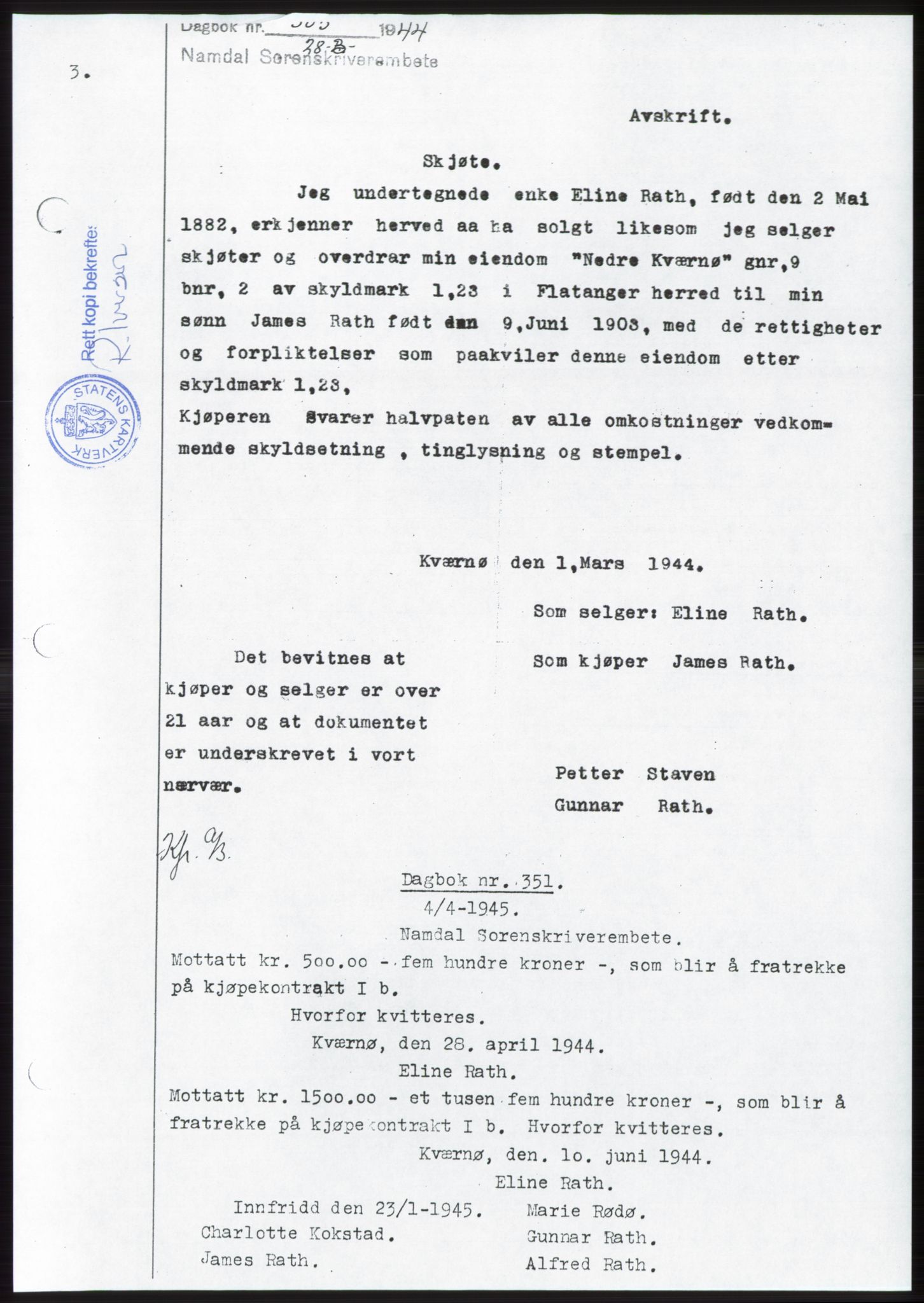 Namdal sorenskriveri, SAT/A-4133/1/2/2C: Pantebok nr. -, 1944-1945, Tingl.dato: 28.03.1945