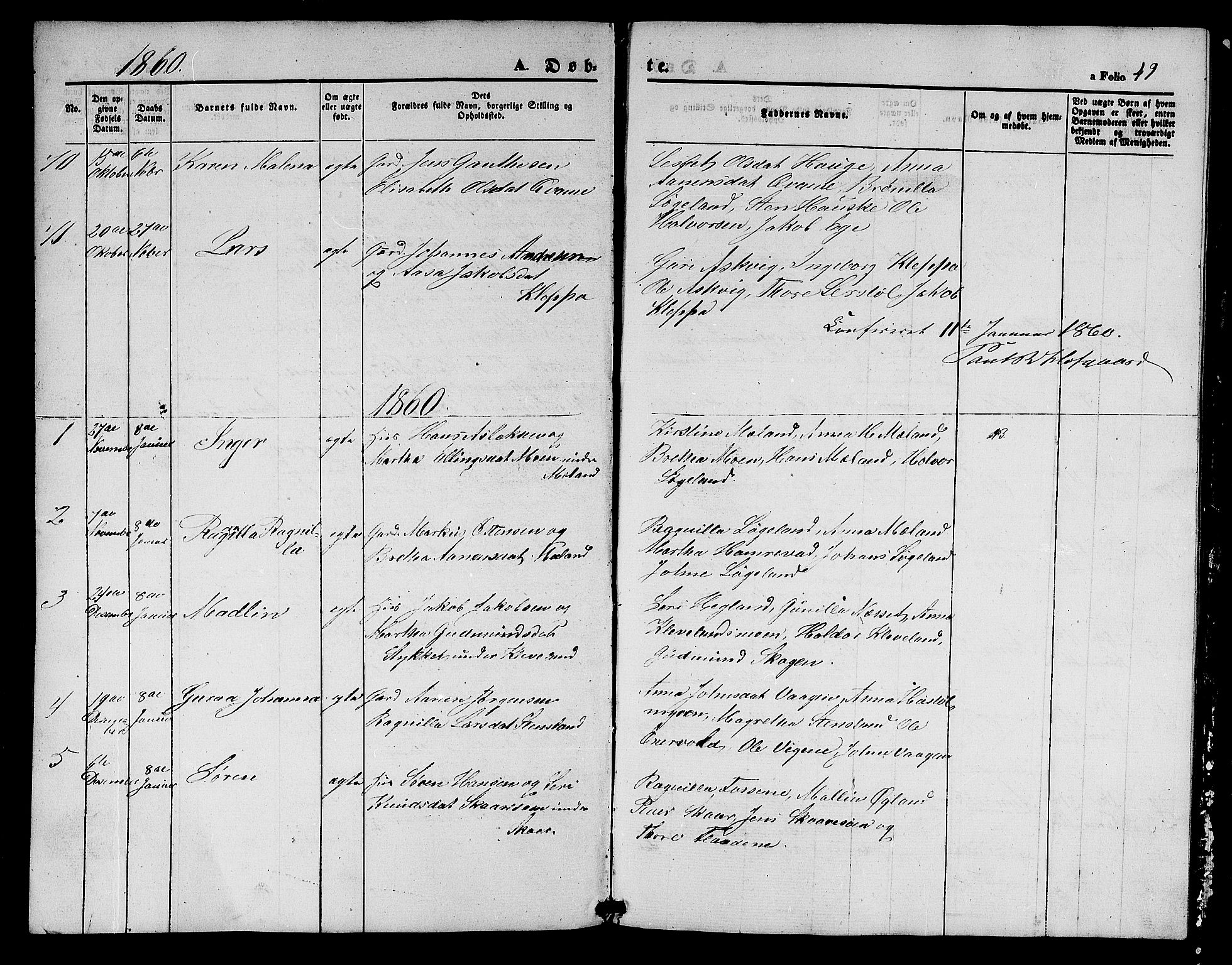 Hjelmeland sokneprestkontor, AV/SAST-A-101843/01/V/L0004: Klokkerbok nr. B 4, 1853-1883, s. 49