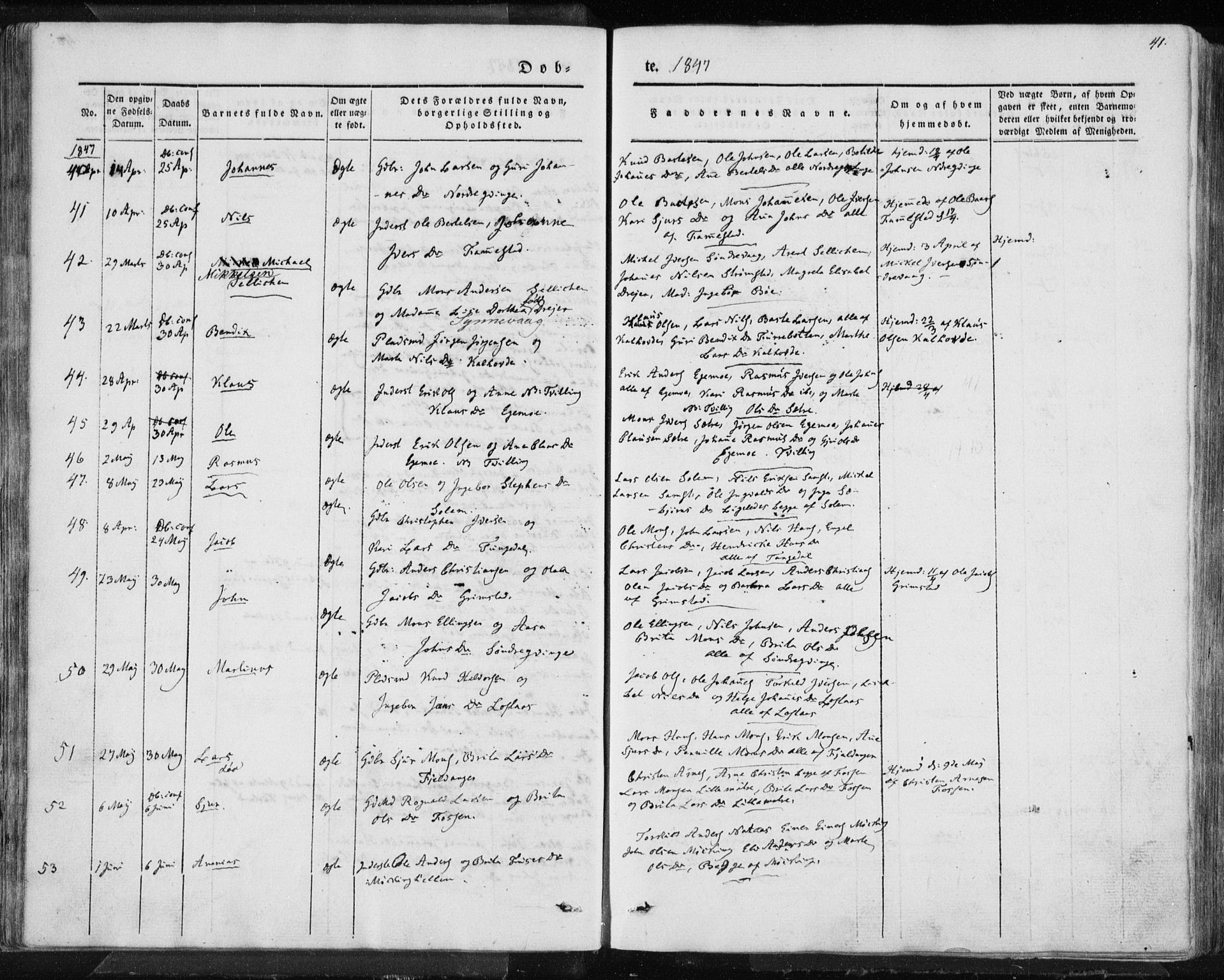 Lindås Sokneprestembete, AV/SAB-A-76701/H/Haa/Haaa/L0010: Ministerialbok nr. A 10, 1842-1862, s. 41