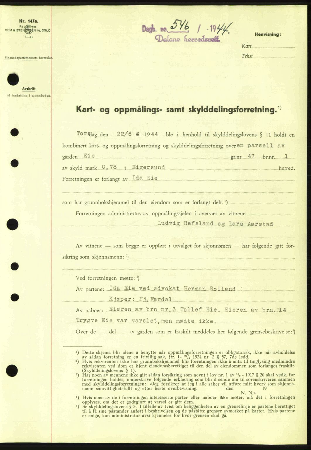 Dalane sorenskriveri, SAST/A-100309/02/G/Gb/L0047: Pantebok nr. A8 I, 1944-1945, Dagboknr: 546/1944