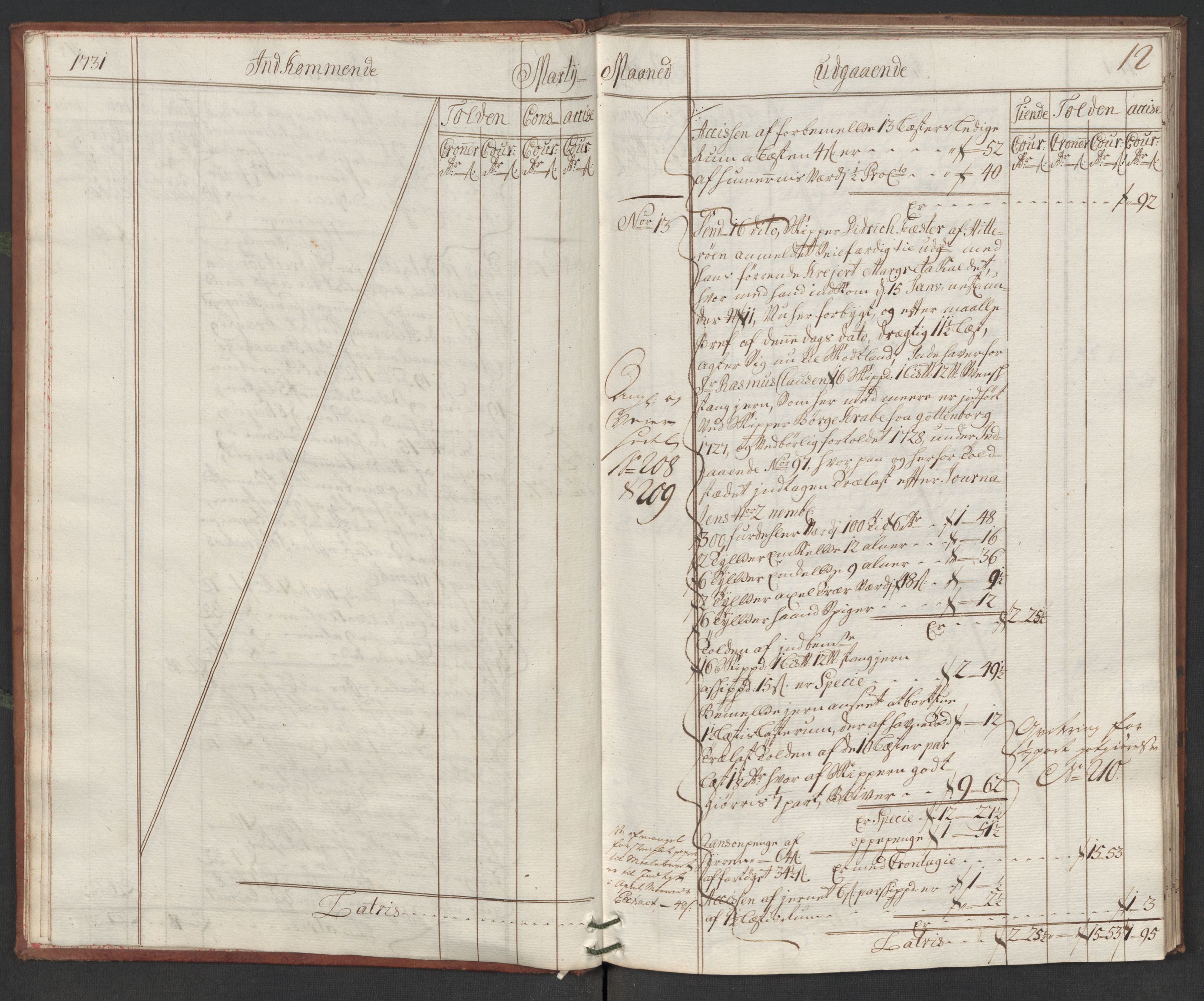 Generaltollkammeret, tollregnskaper, AV/RA-EA-5490/R19/L0006/0001: Tollregnskaper Flekkefjord / Hovedtollbok, 1731, s. 11b-12a