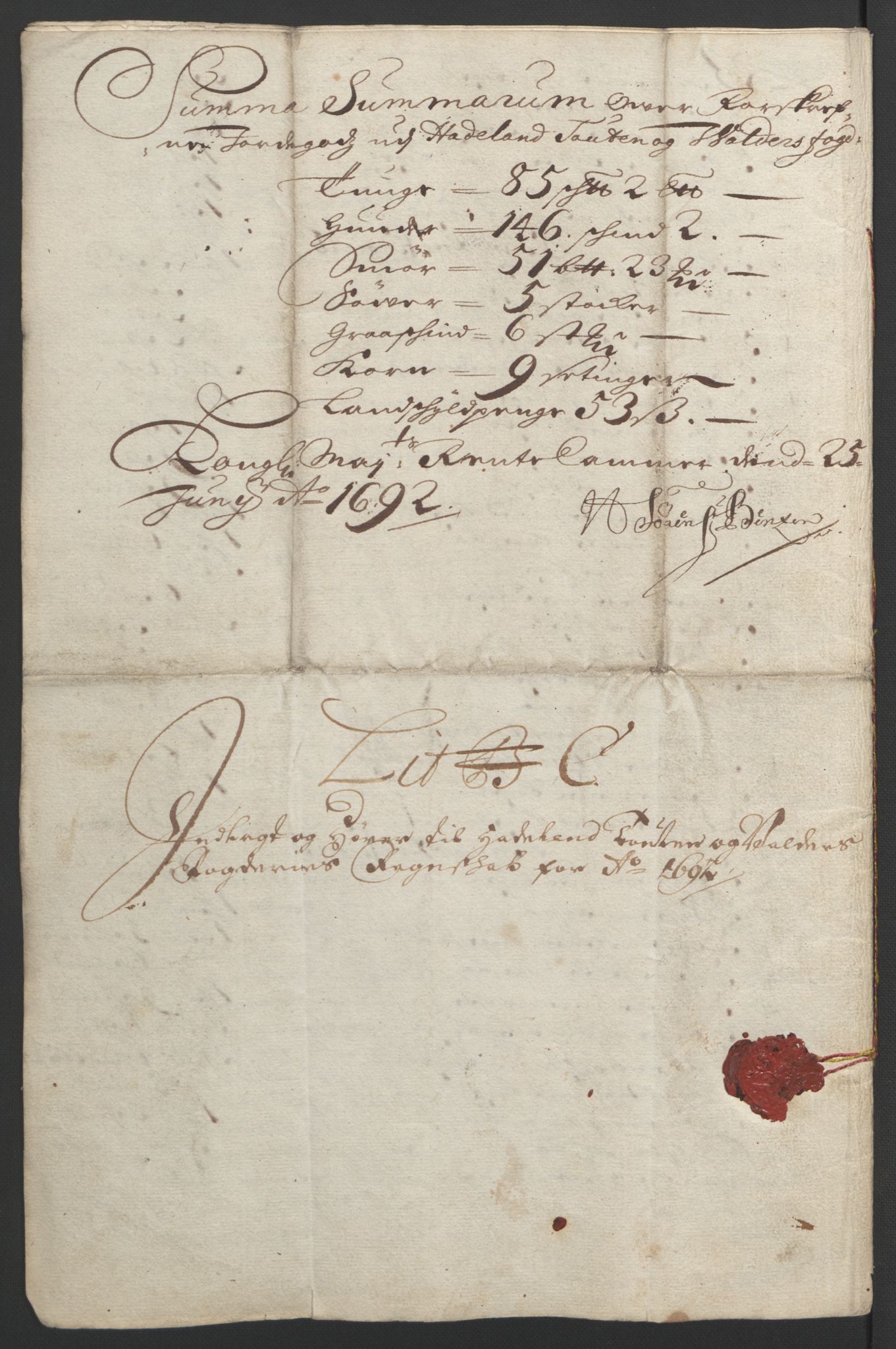 Rentekammeret inntil 1814, Reviderte regnskaper, Fogderegnskap, AV/RA-EA-4092/R18/L1291: Fogderegnskap Hadeland, Toten og Valdres, 1692, s. 15