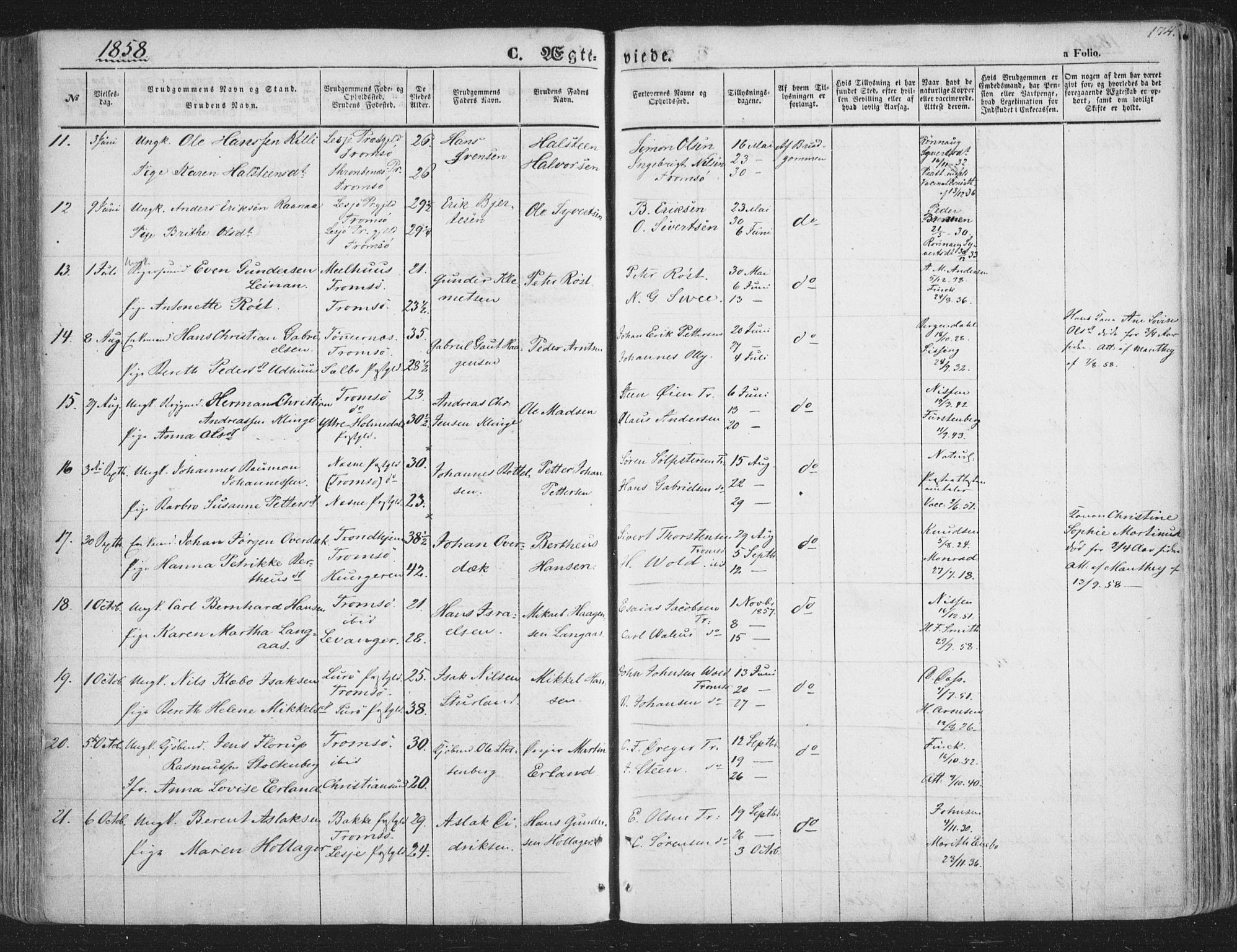 Tromsø sokneprestkontor/stiftsprosti/domprosti, AV/SATØ-S-1343/G/Ga/L0011kirke: Ministerialbok nr. 11, 1856-1865, s. 174