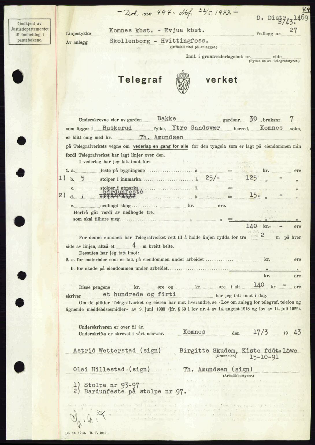 Numedal og Sandsvær sorenskriveri, SAKO/A-128/G/Ga/Gaa/L0055: Pantebok nr. A7, 1943-1944, Dagboknr: 494/1943