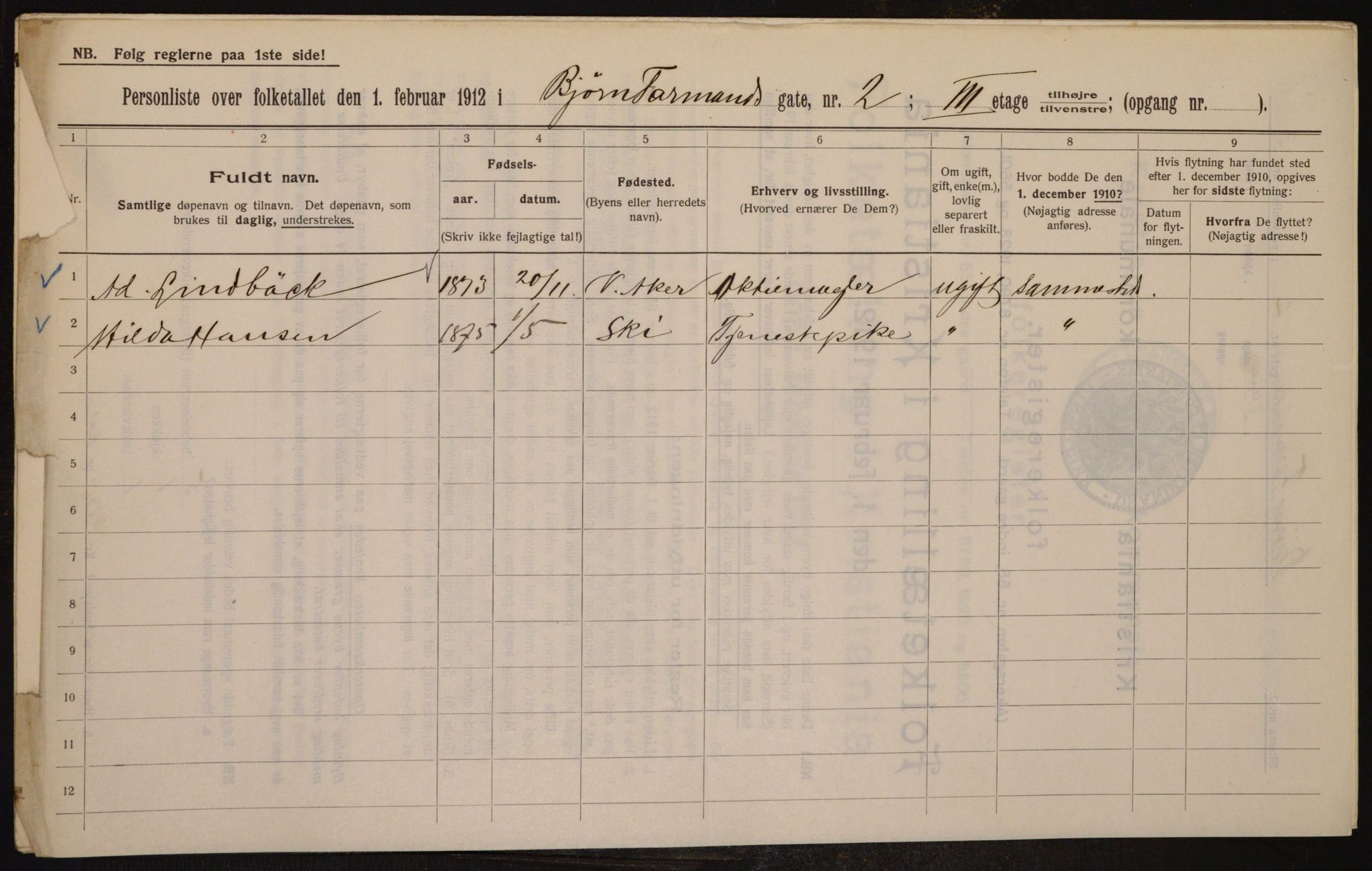 OBA, Kommunal folketelling 1.2.1912 for Kristiania, 1912, s. 6453