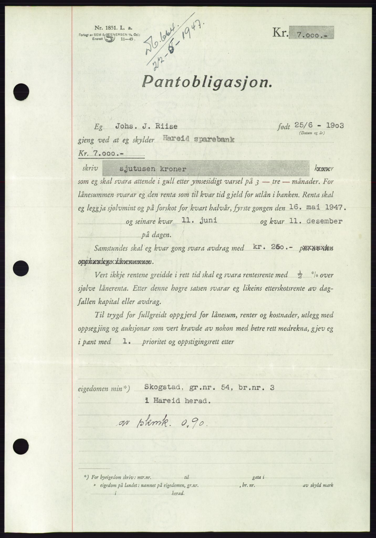 Søre Sunnmøre sorenskriveri, AV/SAT-A-4122/1/2/2C/L0114: Pantebok nr. 1-2B, 1943-1947, Dagboknr: 664/1947