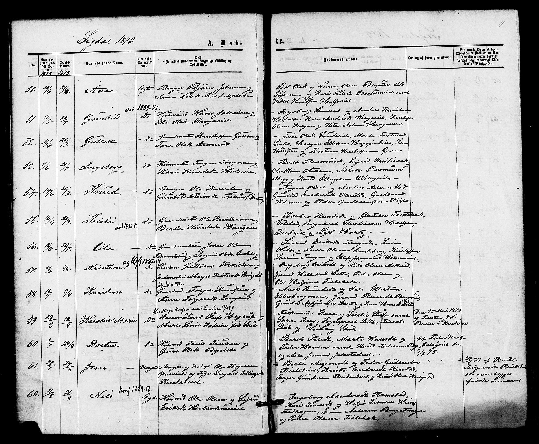 Sigdal kirkebøker, AV/SAKO-A-245/F/Fa/L0010: Ministerialbok nr. I 10 /1, 1872-1878, s. 11