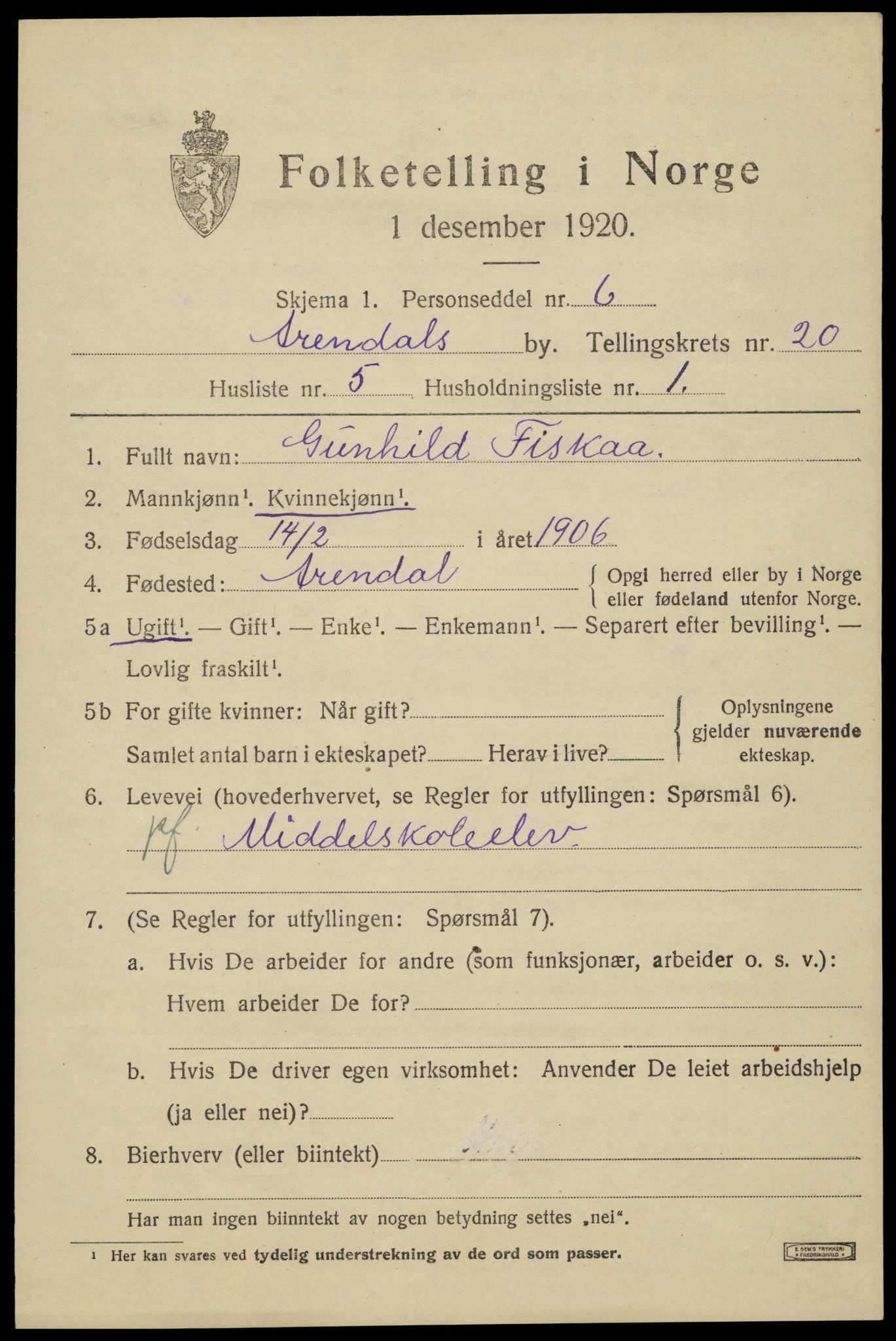 SAK, Folketelling 1920 for 0903 Arendal kjøpstad, 1920, s. 26964