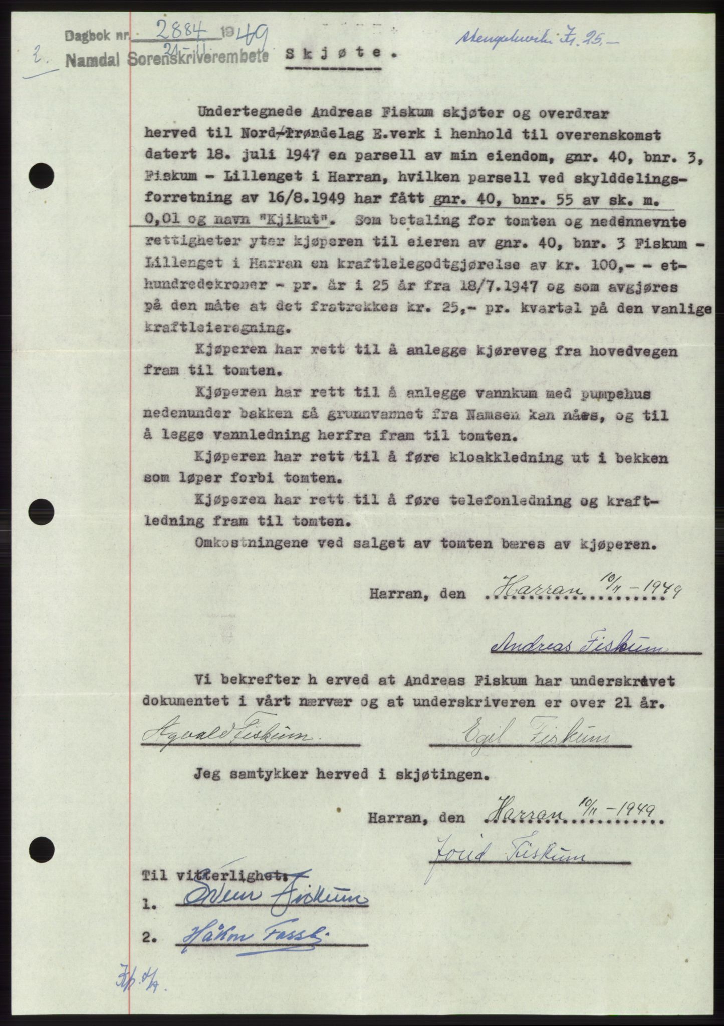 Namdal sorenskriveri, SAT/A-4133/1/2/2C: Pantebok nr. -, 1949-1949, Dagboknr: 2884/1949