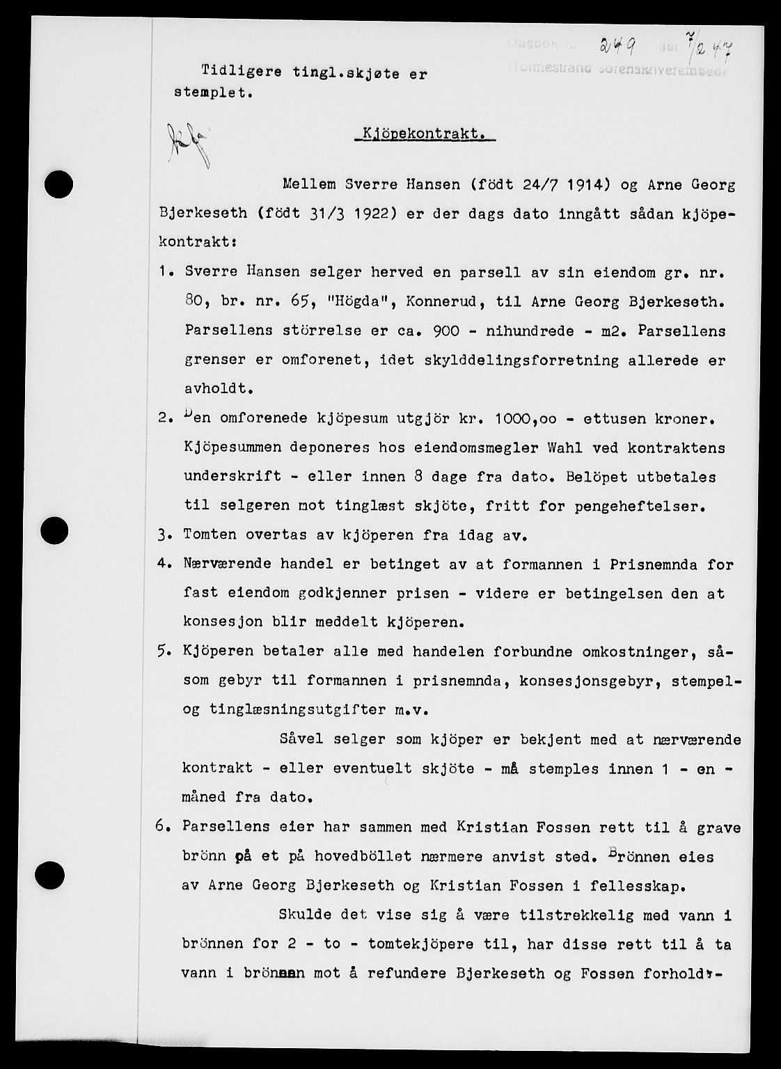 Holmestrand sorenskriveri, SAKO/A-67/G/Ga/Gaa/L0061: Pantebok nr. A-61, 1946-1947, Dagboknr: 249/1947