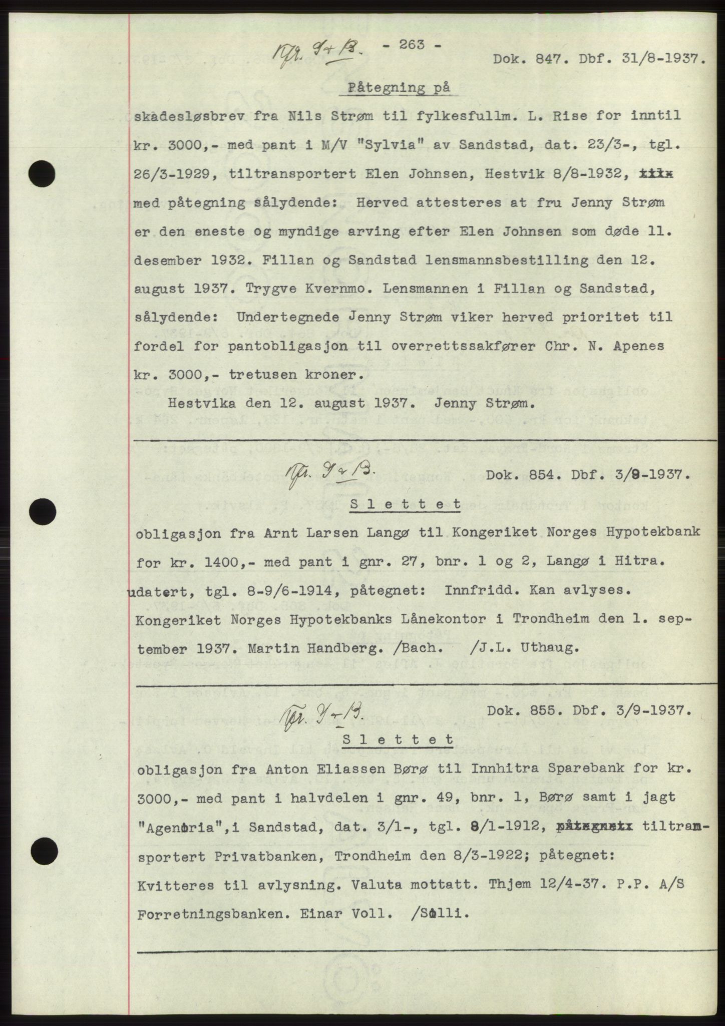 Hitra sorenskriveri, AV/SAT-A-0018/2/2C/2Ca: Pantebok nr. C1, 1936-1945, Dagboknr: 847/1937