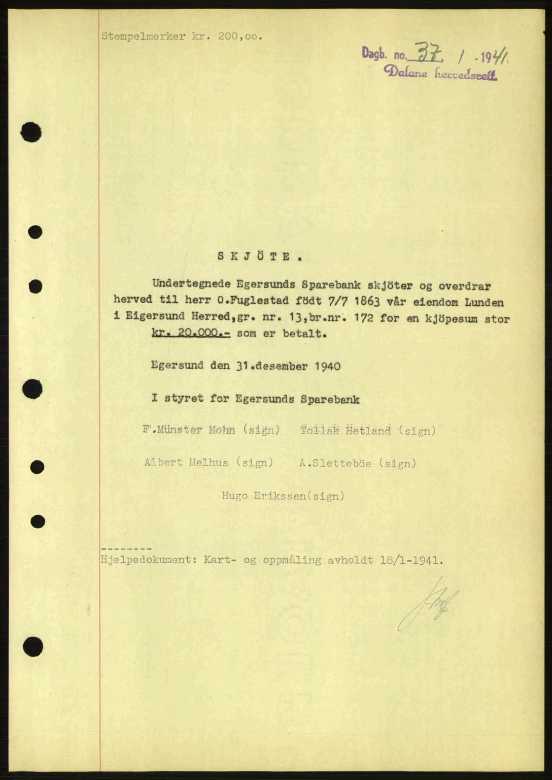 Dalane sorenskriveri, SAST/A-100309/02/G/Gb/L0044: Pantebok nr. A5, 1940-1941, Dagboknr: 37/1941