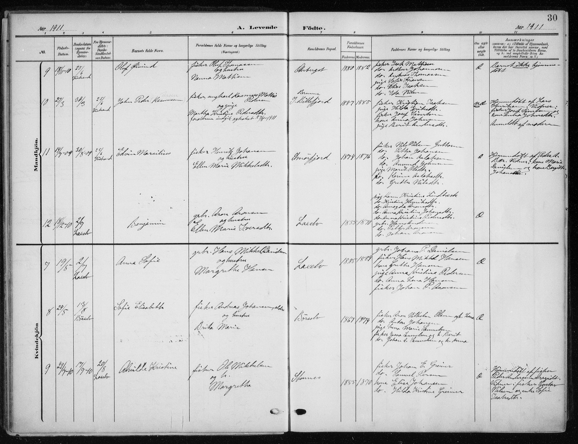 Kistrand/Porsanger sokneprestembete, AV/SATØ-S-1351/H/Ha/L0014.kirke: Ministerialbok nr. 14, 1908-1917, s. 30