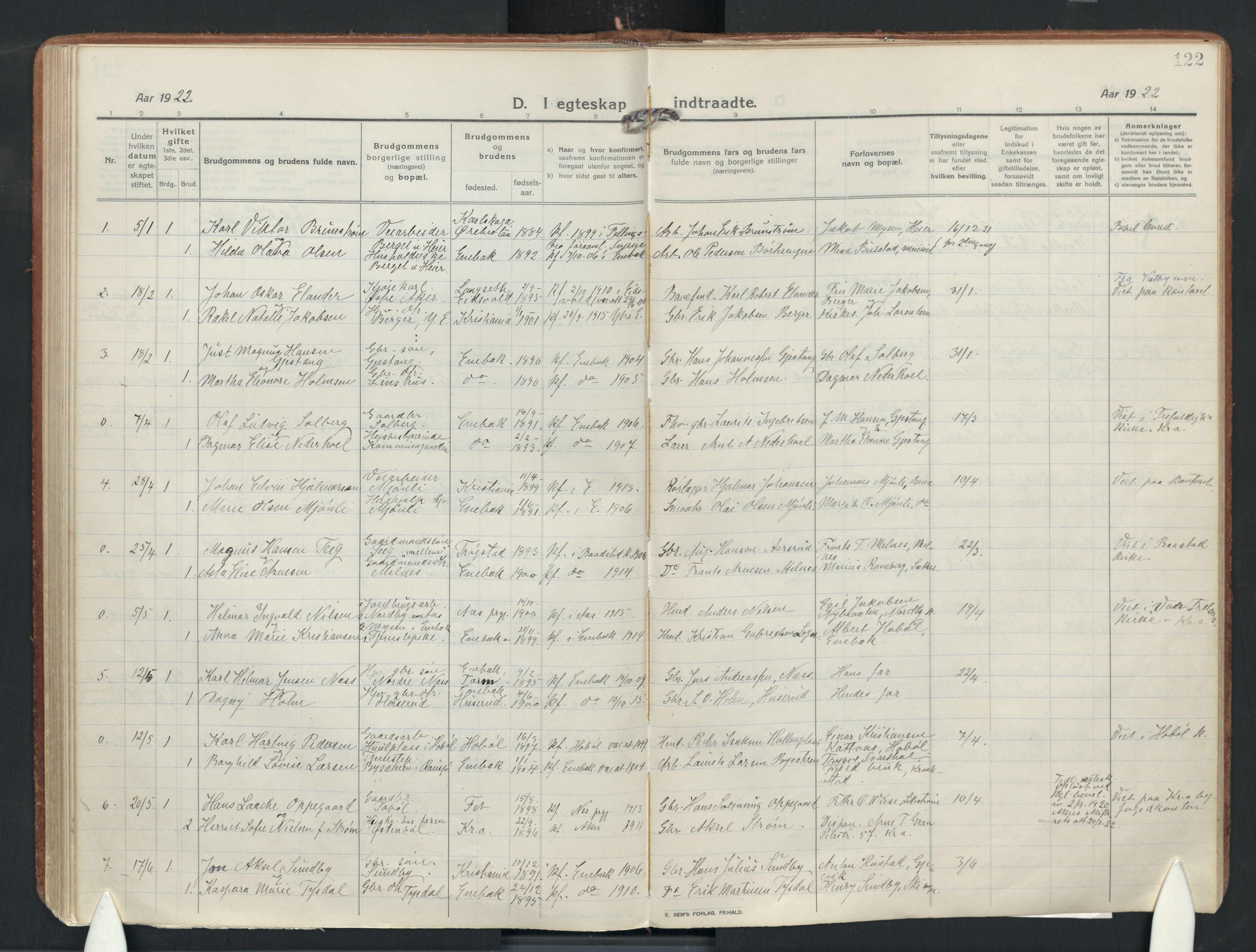 Enebakk prestekontor Kirkebøker, AV/SAO-A-10171c/F/Fa/L0019: Ministerialbok nr. I 19, 1912-1935, s. 122