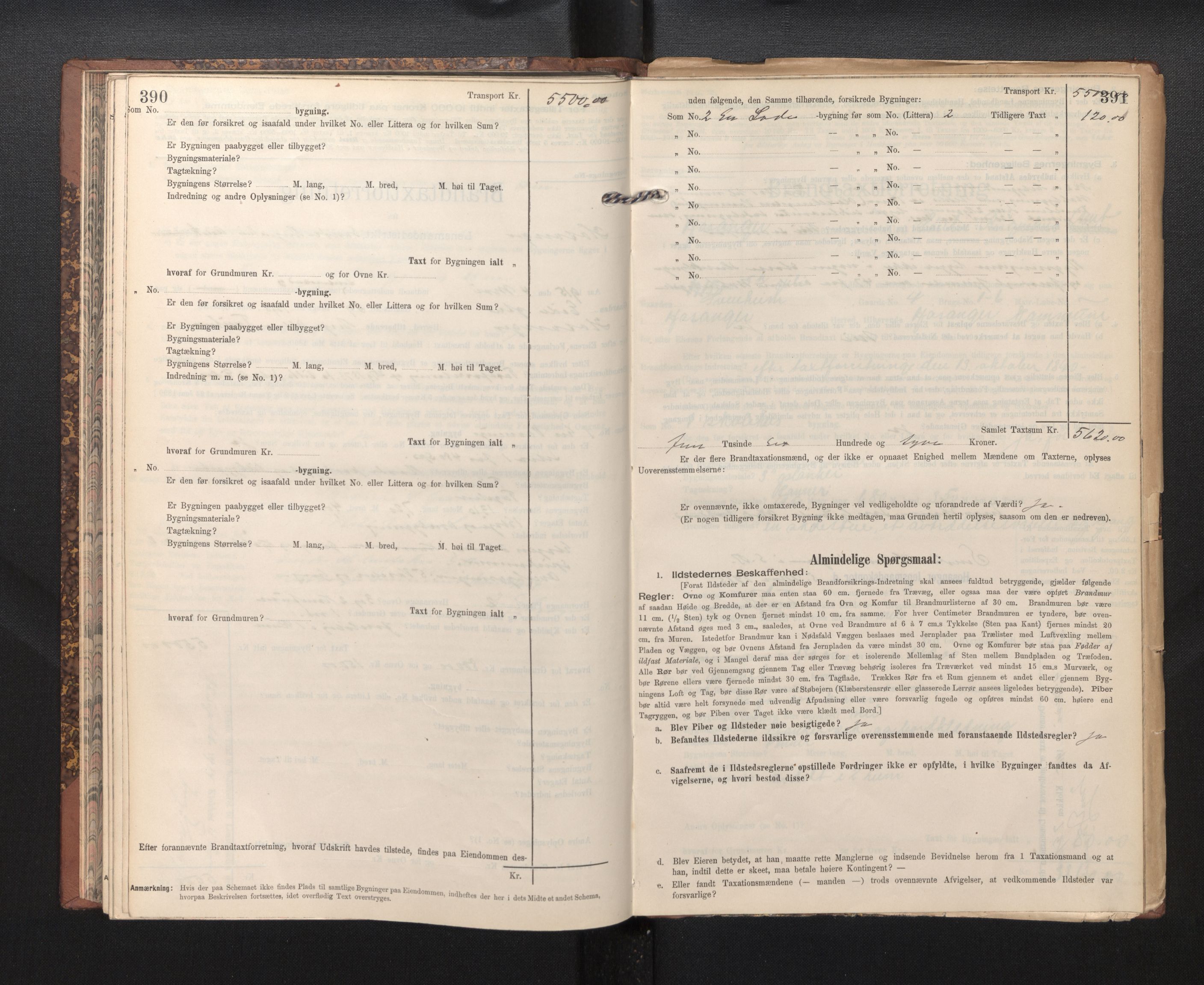 Lensmannen i Hosanger, SAB/A-33001/0012/L0005: Branntakstprotokoll, skjematakst, 1905-1916, s. 390-391