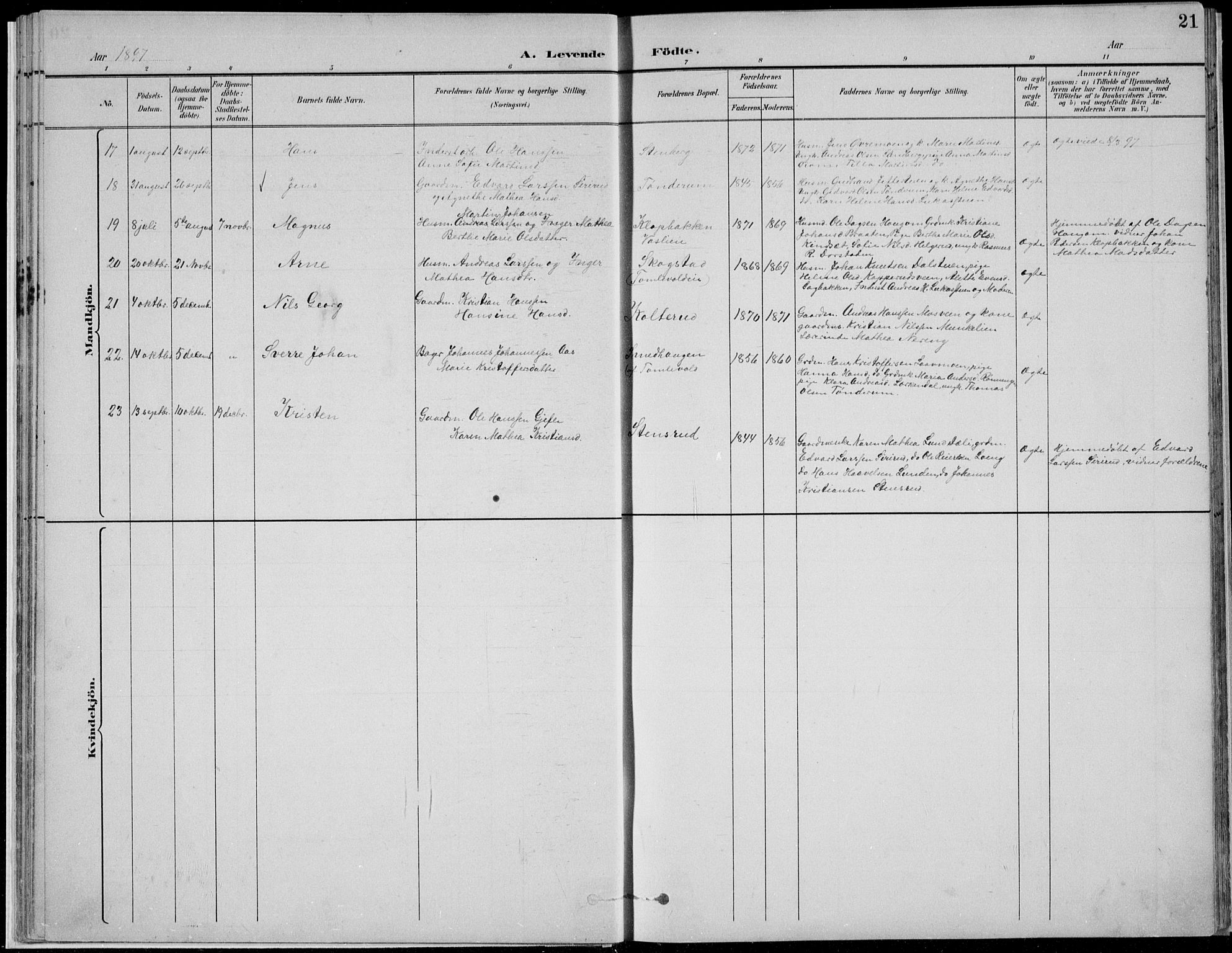 Nordre Land prestekontor, SAH/PREST-124/H/Ha/Hab/L0013: Klokkerbok nr. 13, 1891-1904, s. 21