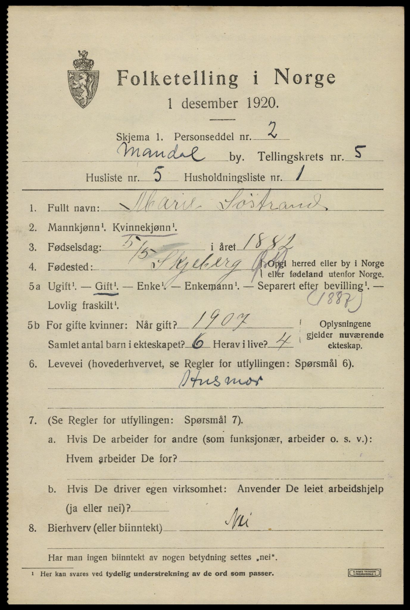 SAK, Folketelling 1920 for 1002 Mandal ladested, 1920, s. 8237
