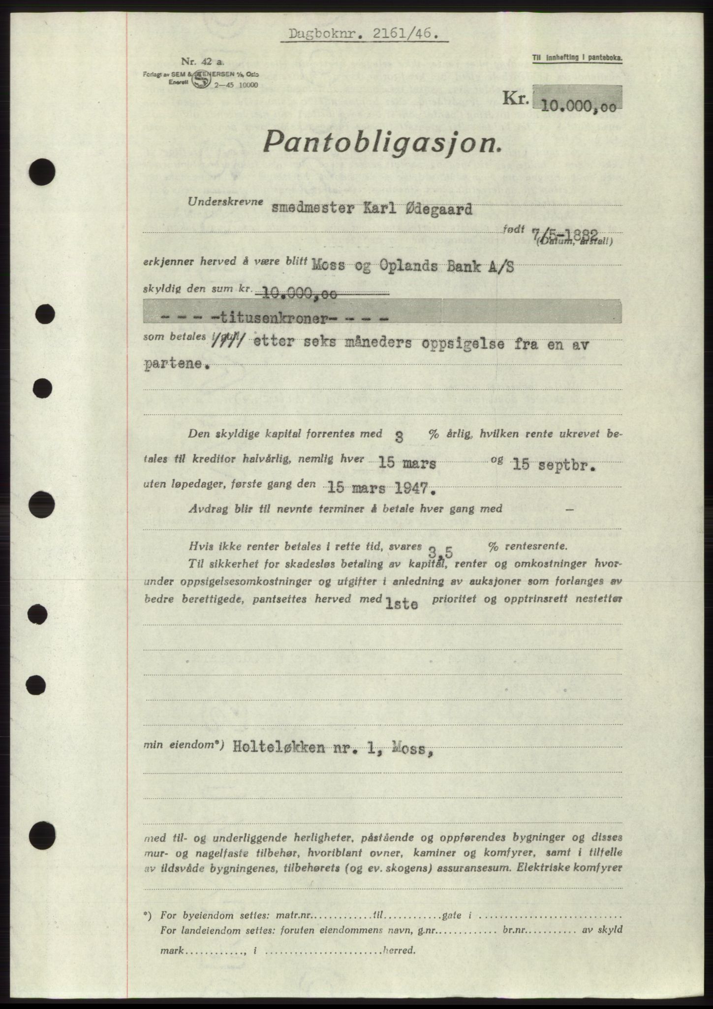 Moss sorenskriveri, SAO/A-10168: Pantebok nr. B15, 1946-1946, Dagboknr: 2161/1946