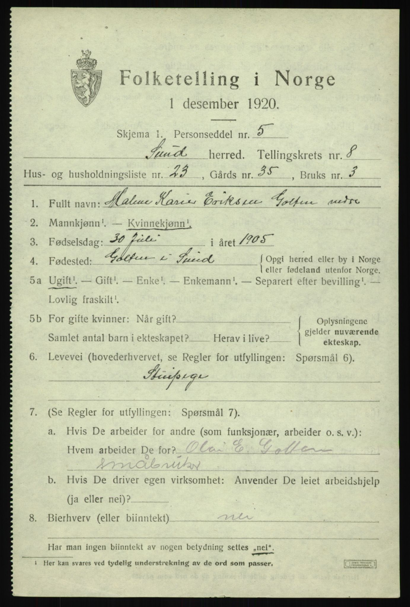 SAB, Folketelling 1920 for 1245 Sund herred, 1920, s. 5297