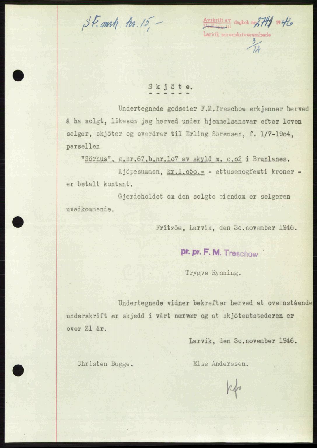 Larvik sorenskriveri, SAKO/A-83/G/Ga/Gab/L0083: Pantebok nr. A-17, 1946-1947, Dagboknr: 2741/1946