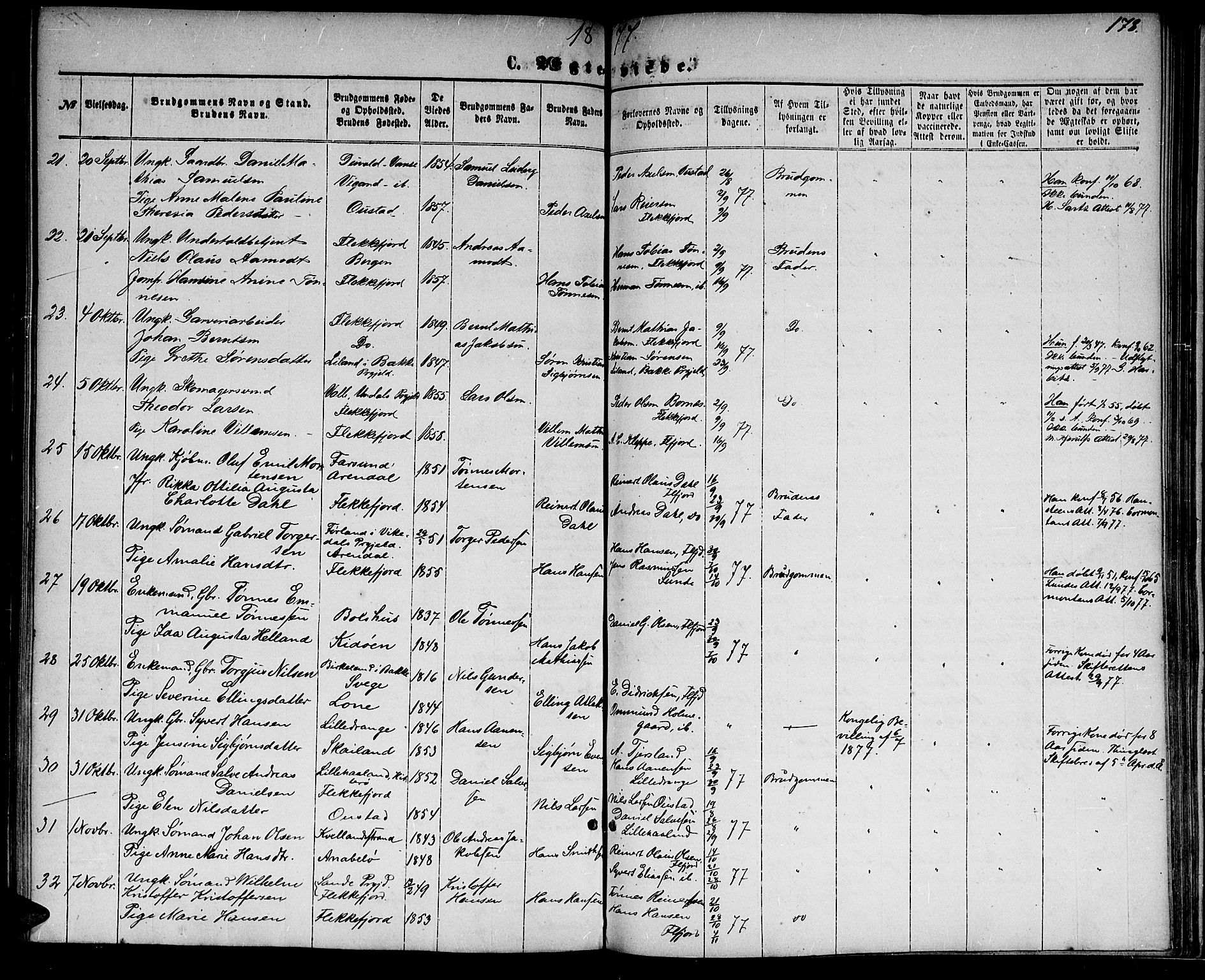 Flekkefjord sokneprestkontor, AV/SAK-1111-0012/F/Fb/Fbc/L0006: Klokkerbok nr. B 6, 1866-1879, s. 178