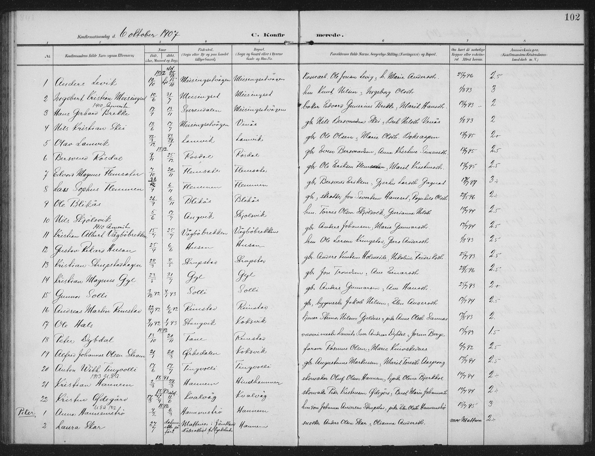 Ministerialprotokoller, klokkerbøker og fødselsregistre - Møre og Romsdal, AV/SAT-A-1454/586/L0989: Ministerialbok nr. 586A15, 1906-1915, s. 102