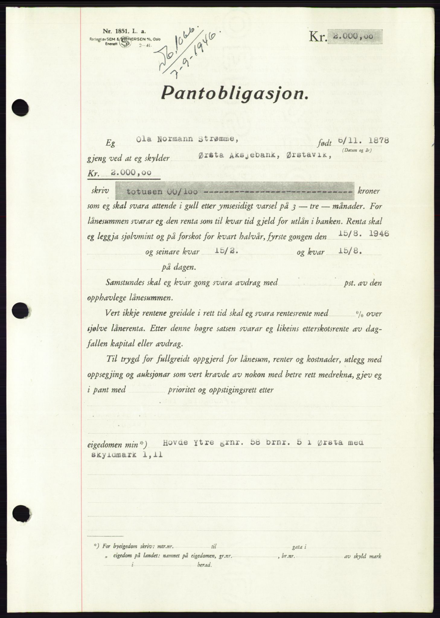 Søre Sunnmøre sorenskriveri, AV/SAT-A-4122/1/2/2C/L0114: Pantebok nr. 1-2B, 1943-1947, Dagboknr: 1066/1946