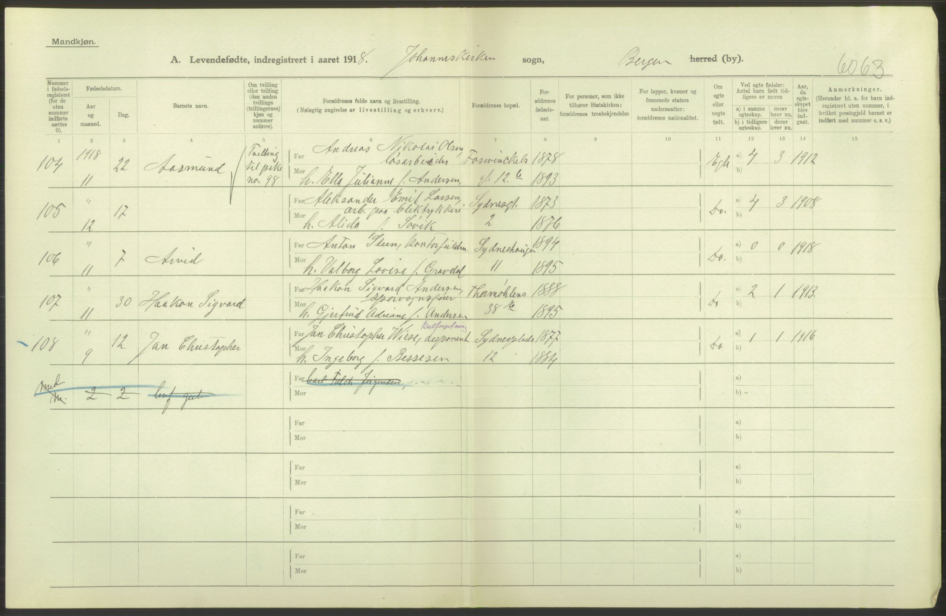 Statistisk sentralbyrå, Sosiodemografiske emner, Befolkning, AV/RA-S-2228/D/Df/Dfb/Dfbh/L0037: Bergen: Levendefødte menn og kvinner., 1918, s. 478