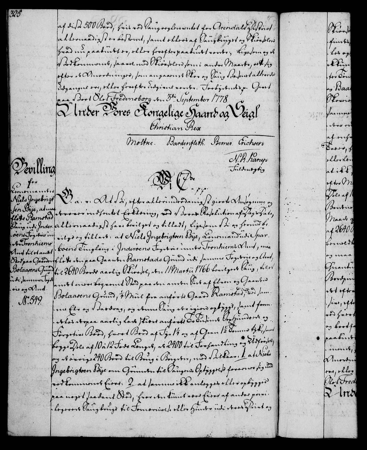 Rentekammeret, Kammerkanselliet, AV/RA-EA-3111/G/Gg/Gga/L0010: Norsk ekspedisjonsprotokoll med register (merket RK 53.10), 1773-1778, s. 325