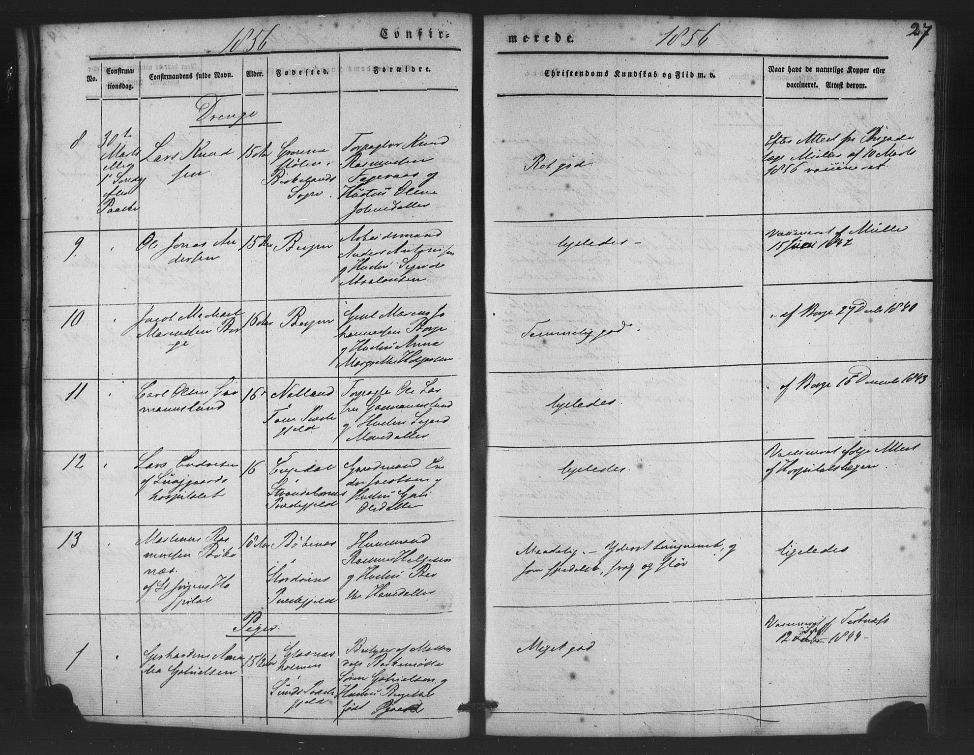 St. Jørgens hospital og Årstad sokneprestembete, AV/SAB-A-99934: Klokkerbok nr. A 5, 1844-1871, s. 27