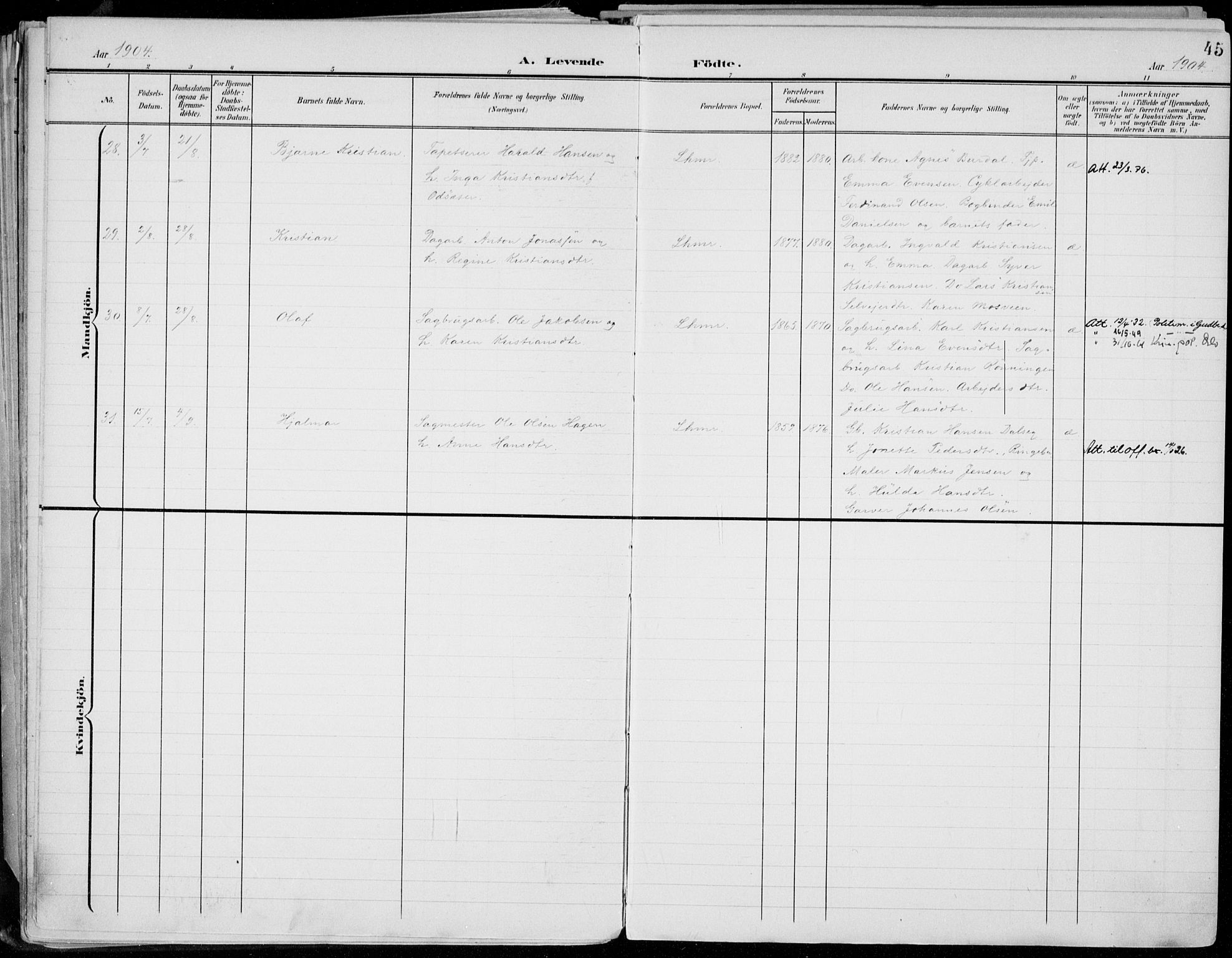Lillehammer prestekontor, AV/SAH-PREST-088/H/Ha/Haa/L0001: Ministerialbok nr. 1, 1901-1916, s. 45
