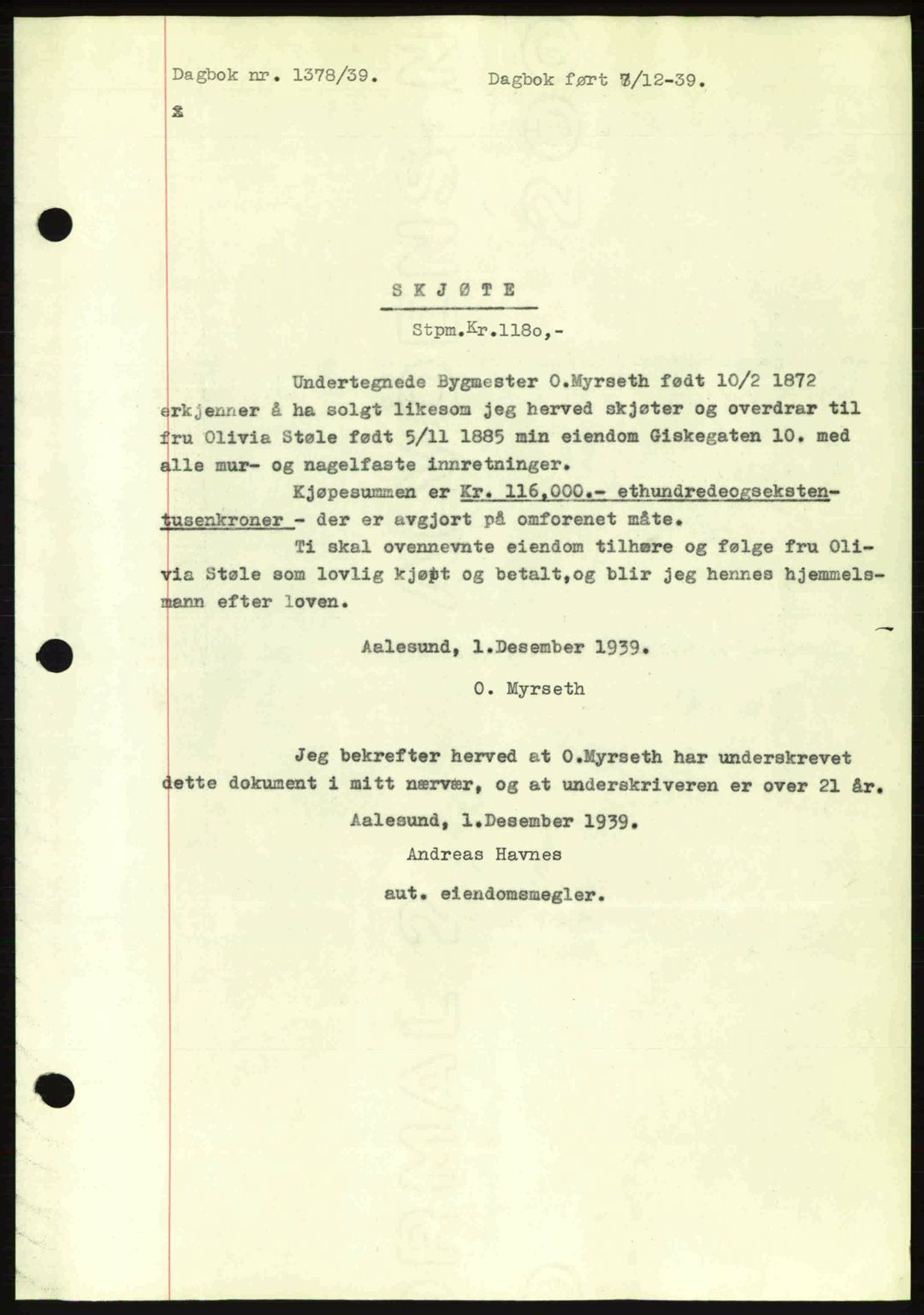 Ålesund byfogd, AV/SAT-A-4384: Pantebok nr. 34 II, 1938-1940, Dagboknr: 1378/1939