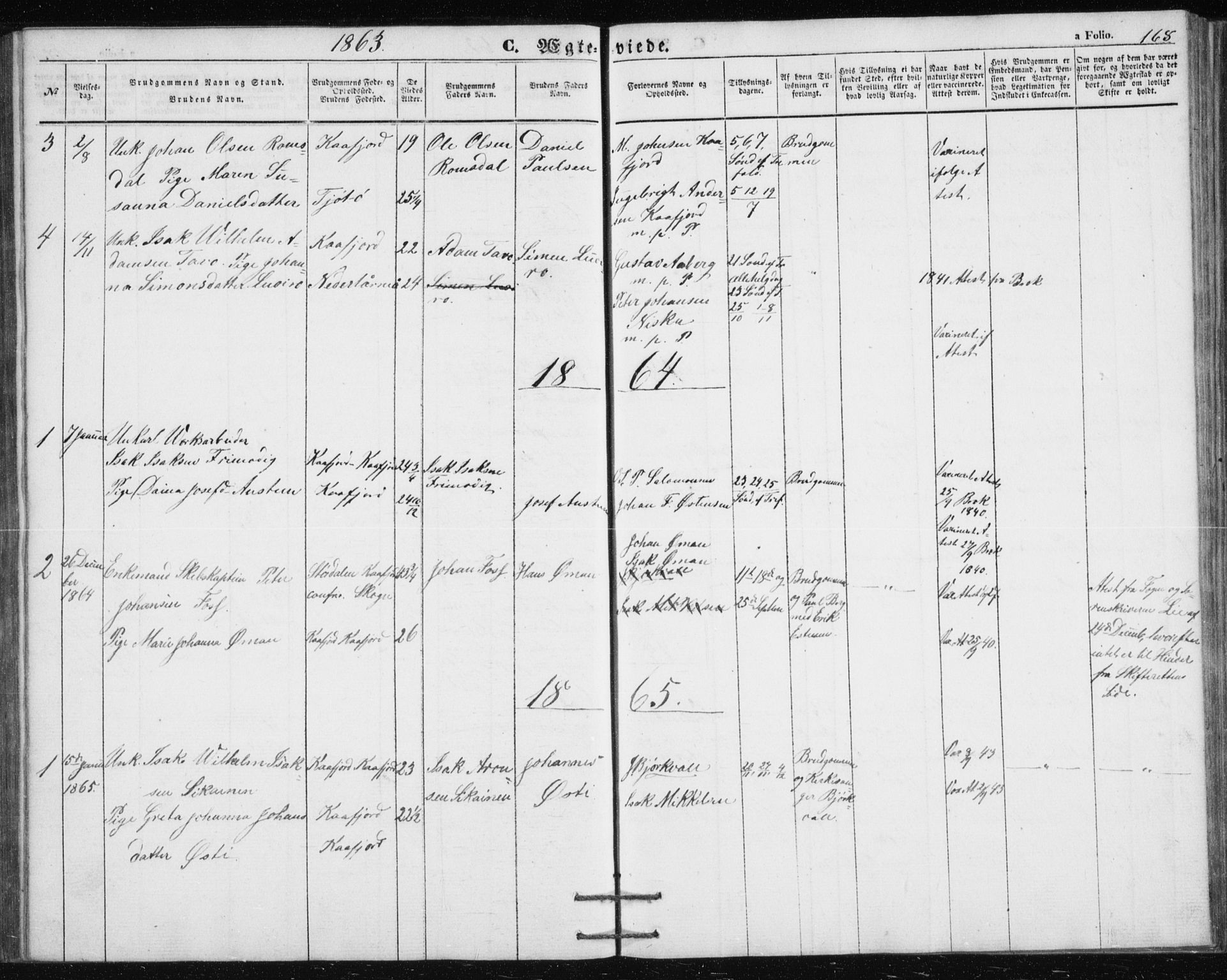 Alta sokneprestkontor, AV/SATØ-S-1338/H/Hb/L0002.klokk: Klokkerbok nr. 2, 1856-1880, s. 168