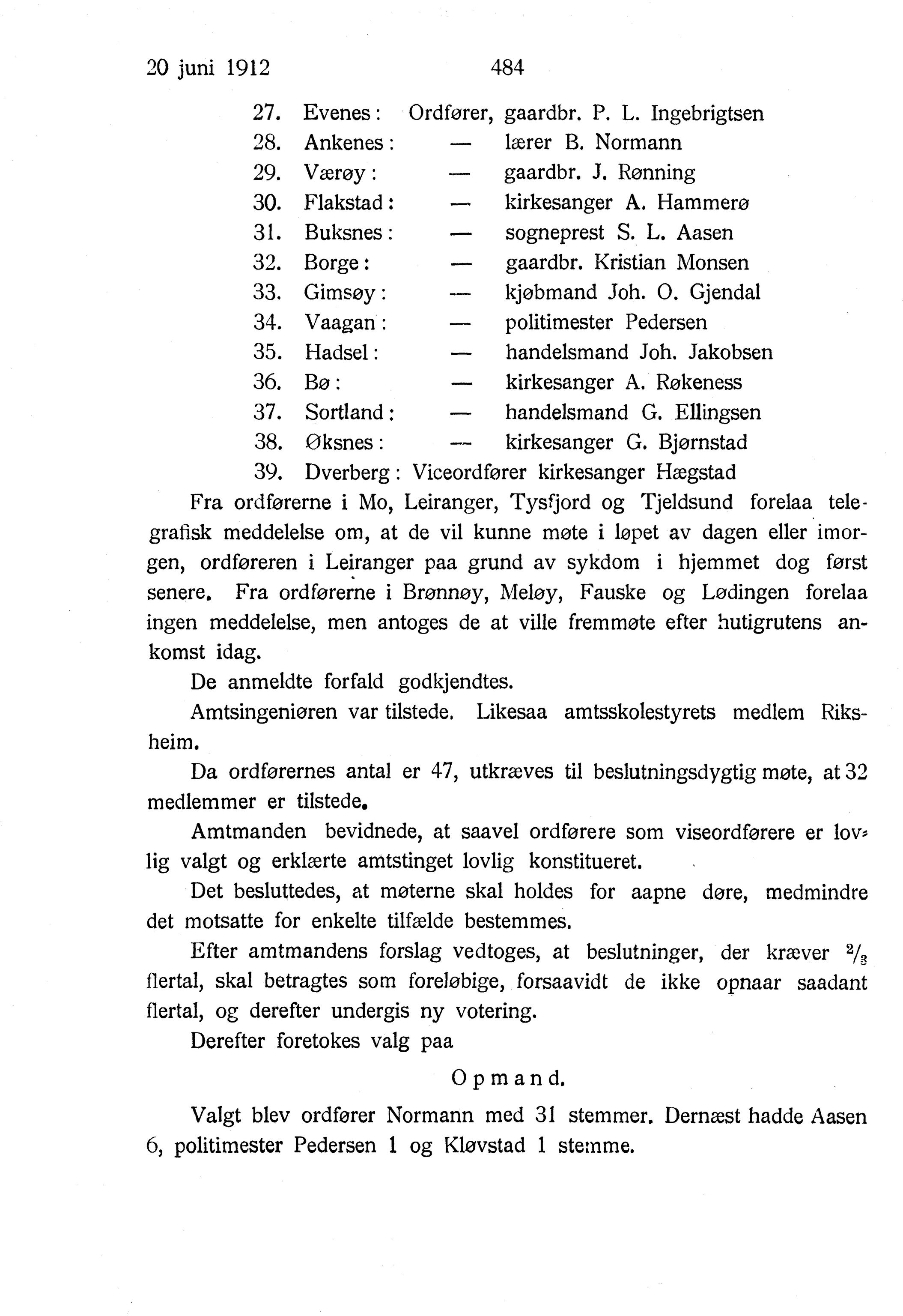 Nordland Fylkeskommune. Fylkestinget, AIN/NFK-17/176/A/Ac/L0035: Fylkestingsforhandlinger 1912, 1912