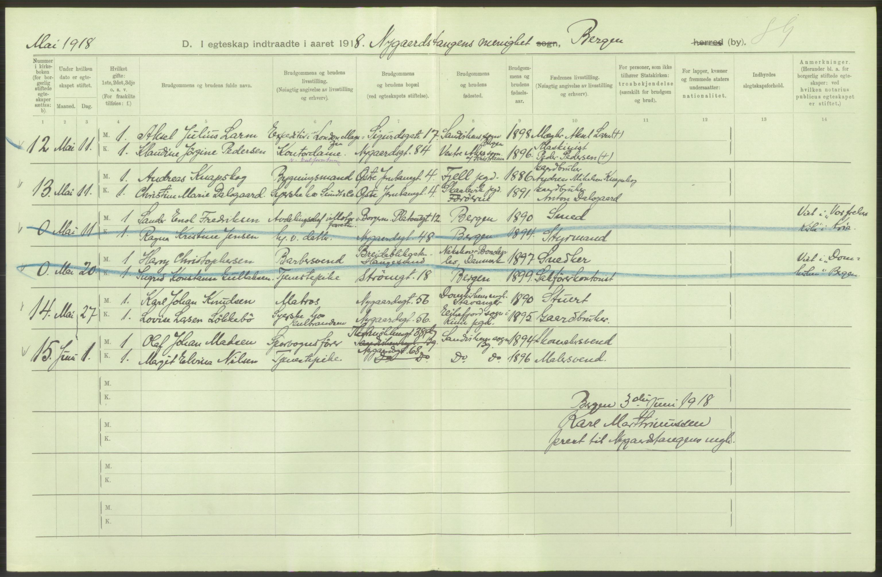 Statistisk sentralbyrå, Sosiodemografiske emner, Befolkning, AV/RA-S-2228/D/Df/Dfb/Dfbh/L0038: Bergen: Gifte, dødfødte., 1918, s. 12