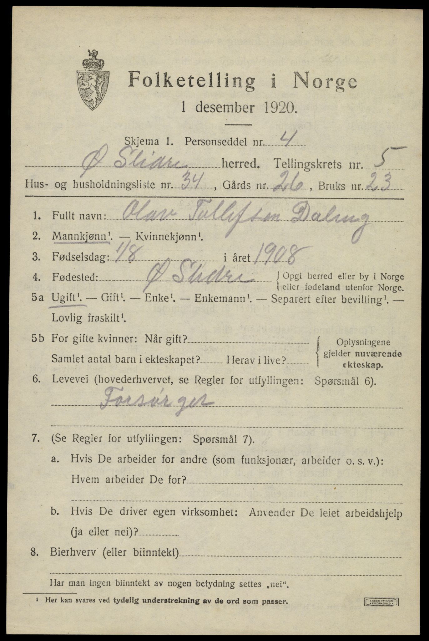 SAH, Folketelling 1920 for 0544 Øystre Slidre herred, 1920, s. 3201