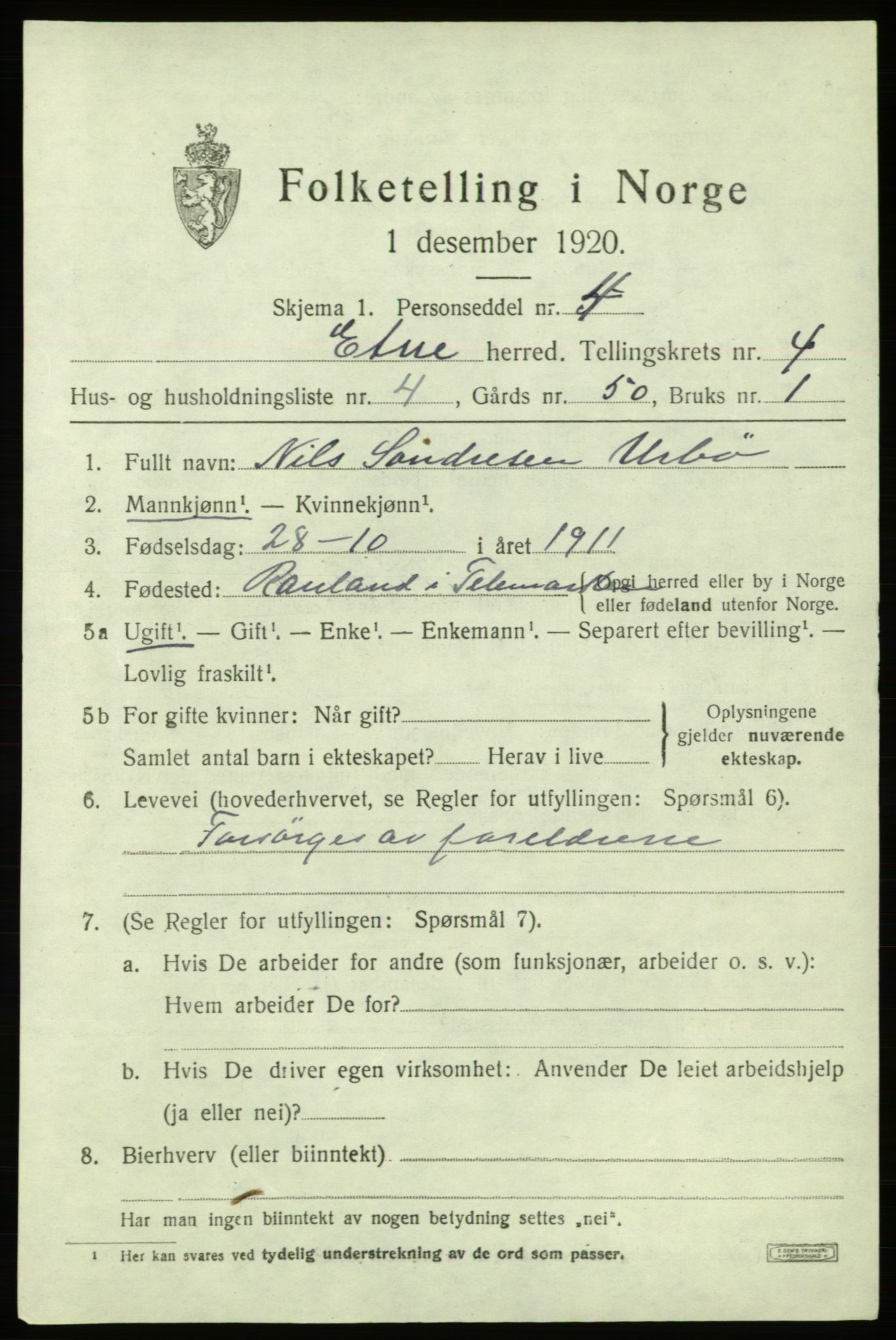 SAB, Folketelling 1920 for 1211 Etne herred, 1920, s. 2029