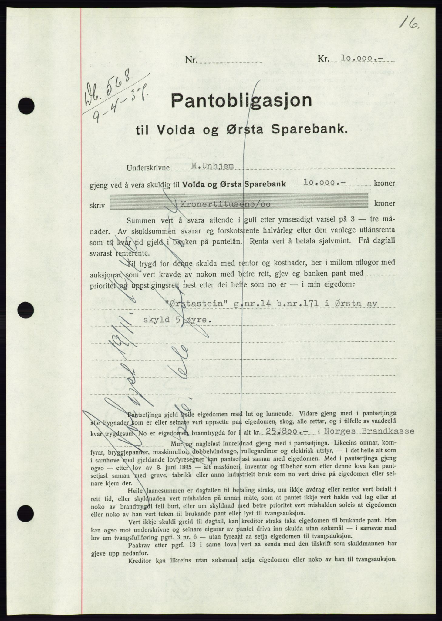 Søre Sunnmøre sorenskriveri, AV/SAT-A-4122/1/2/2C/L0063: Pantebok nr. 57, 1937-1937, Dagboknr: 568/1937