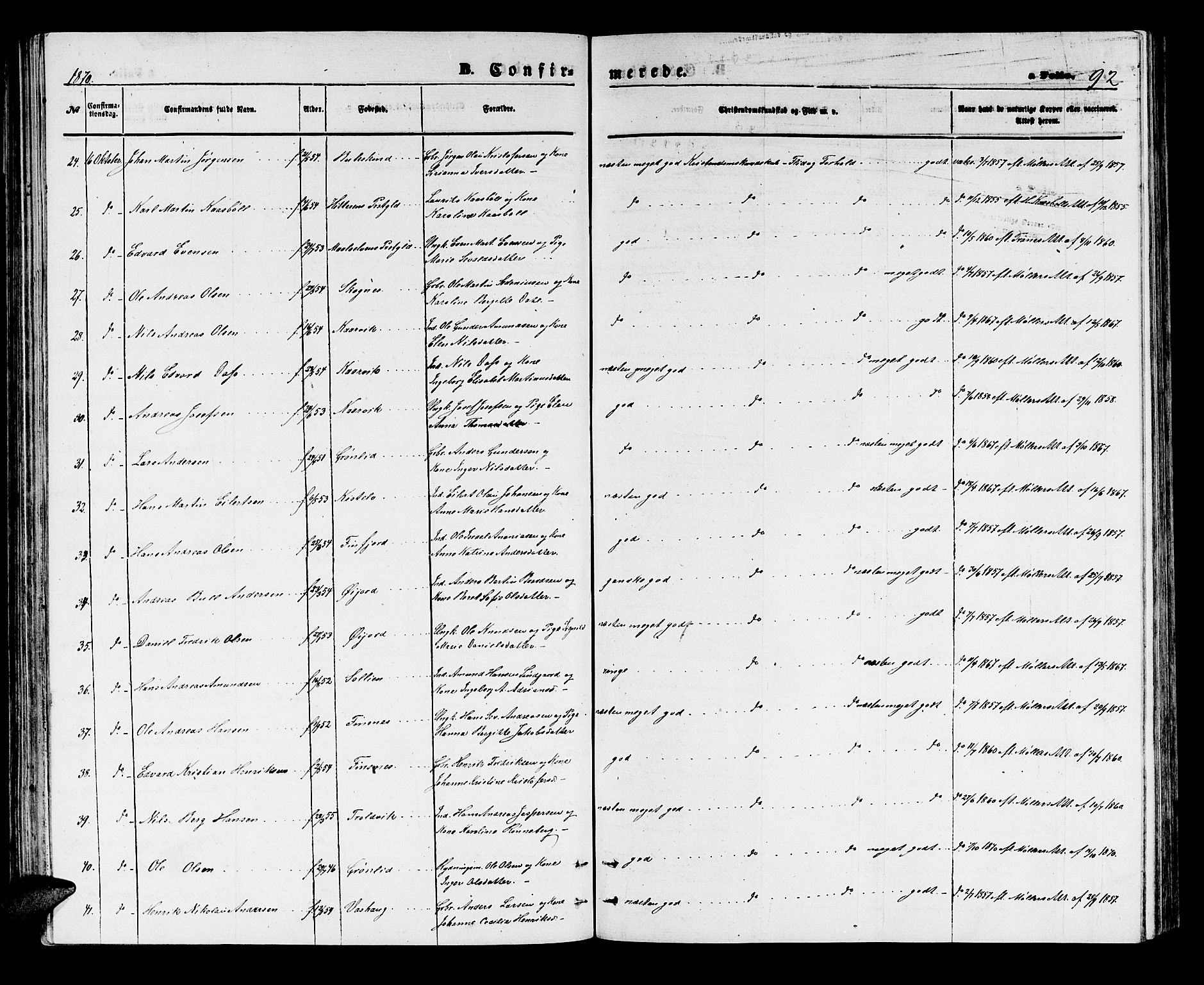 Lenvik sokneprestembete, AV/SATØ-S-1310/H/Ha/Hab/L0005klokker: Klokkerbok nr. 5, 1870-1880, s. 92