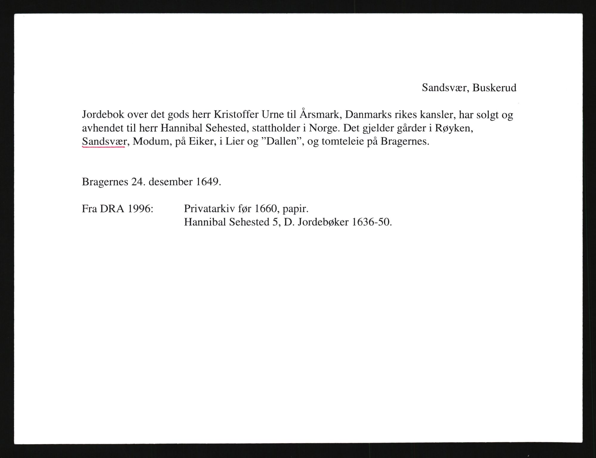 Riksarkivets diplomsamling, AV/RA-EA-5965/F35/F35e/L0017: Registreringssedler Buskerud 6, 1400-1700, s. 15