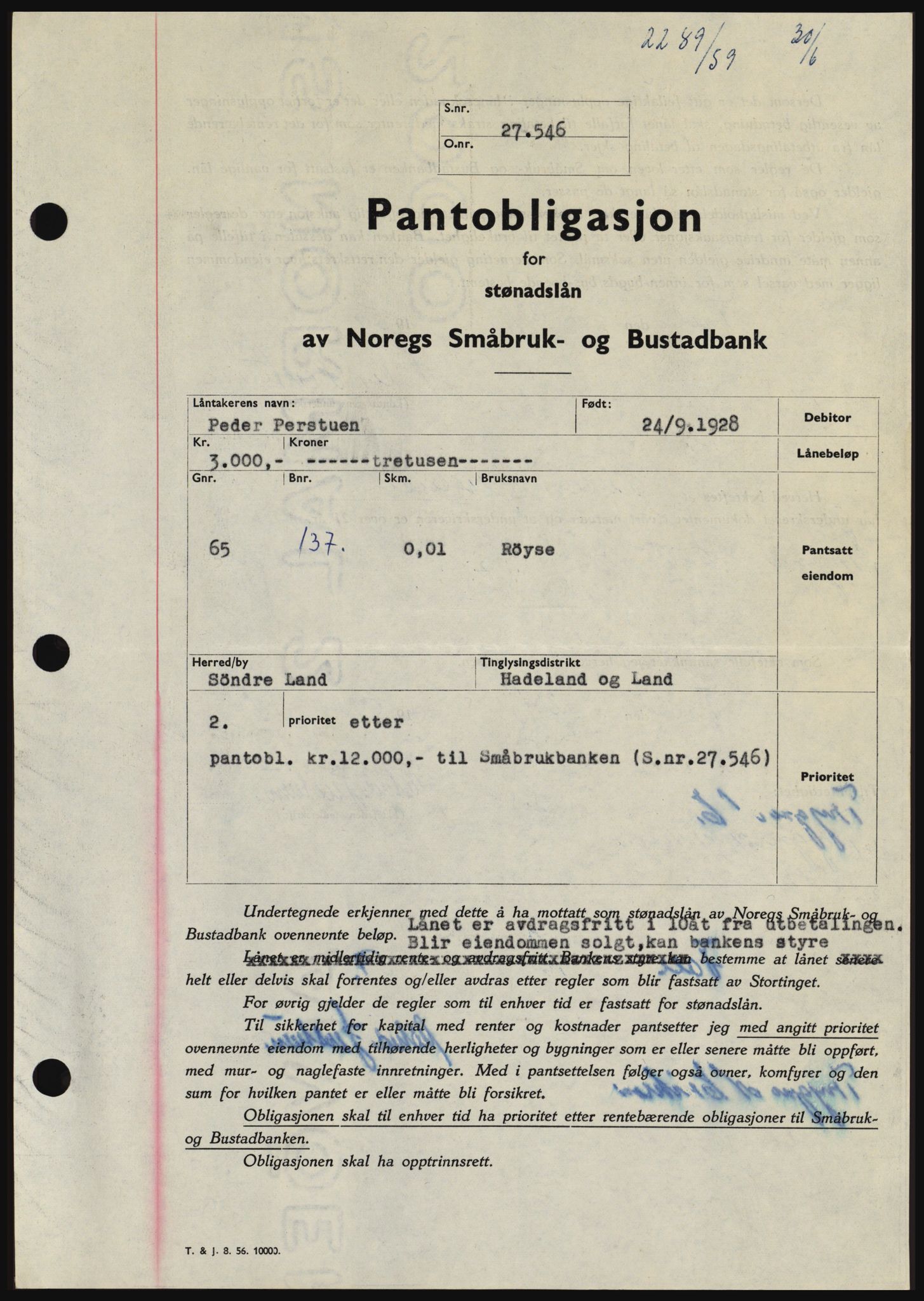 Hadeland og Land tingrett, SAH/TING-010/H/Hb/Hbc/L0040: Pantebok nr. B40, 1959-1959, Dagboknr: 2289/1959